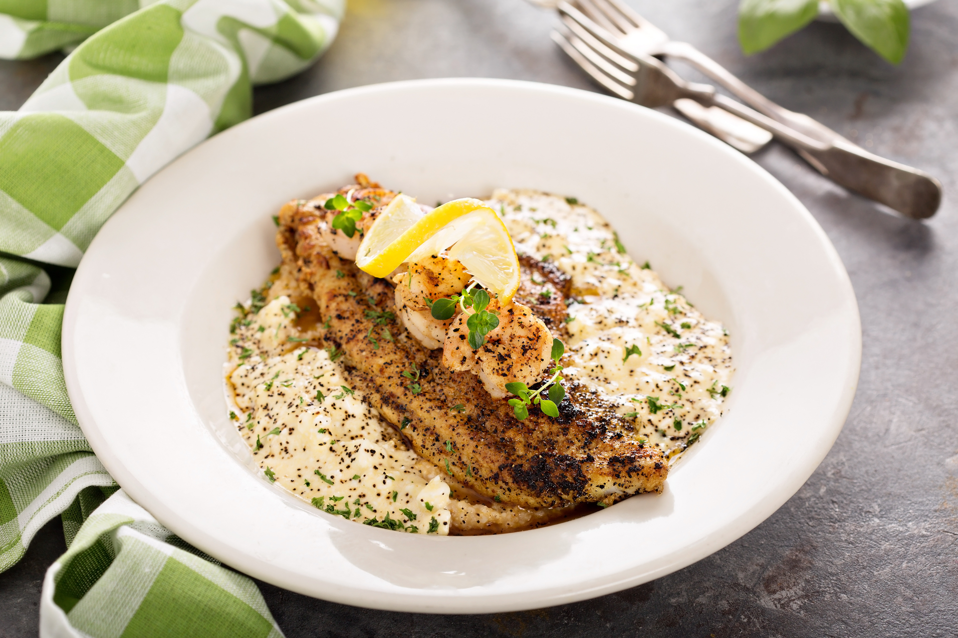 Almond-Crusted French Sole Meunière with Lemon Butter Sauce — Main Course served and photographed from above