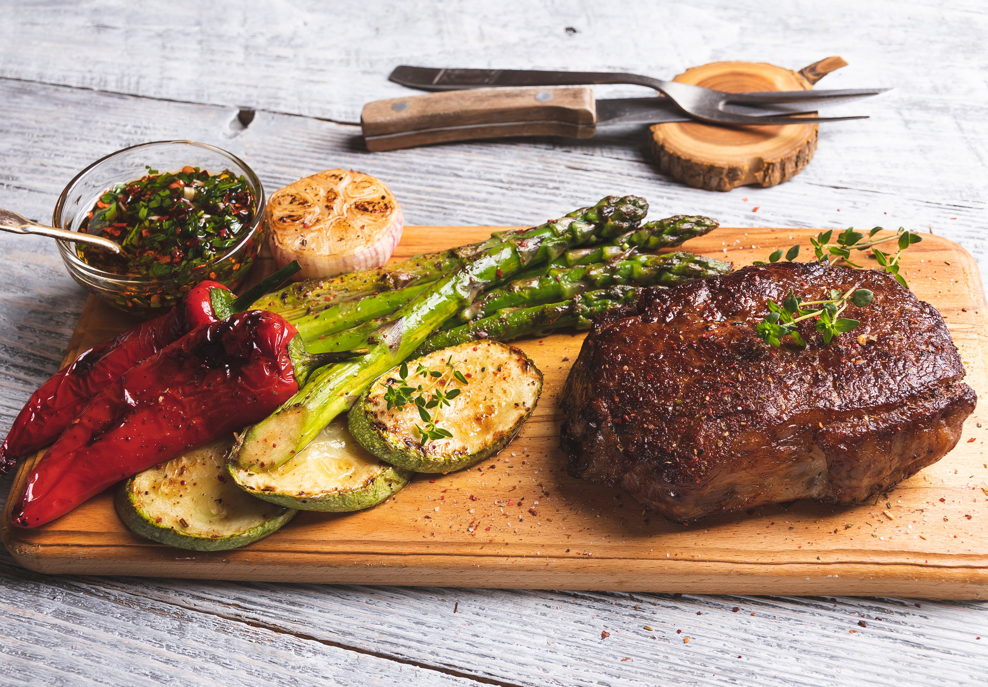 Argentine Chimichurri Steak with Roasted Vegetables — Main Course served and photographed from above