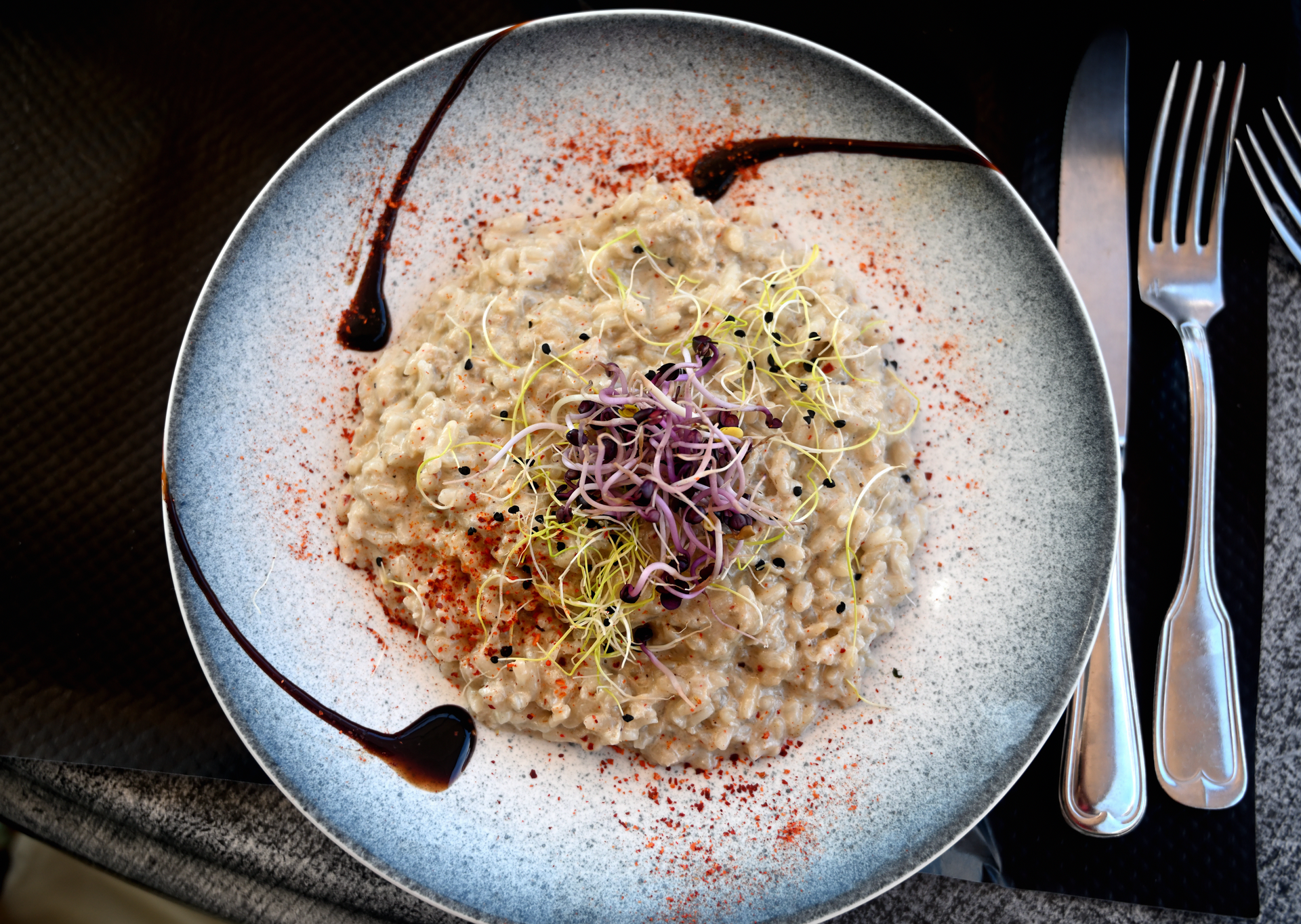 Argentine Malbec Risotto with Grana Padano Cheese — Main Course served and photographed from above