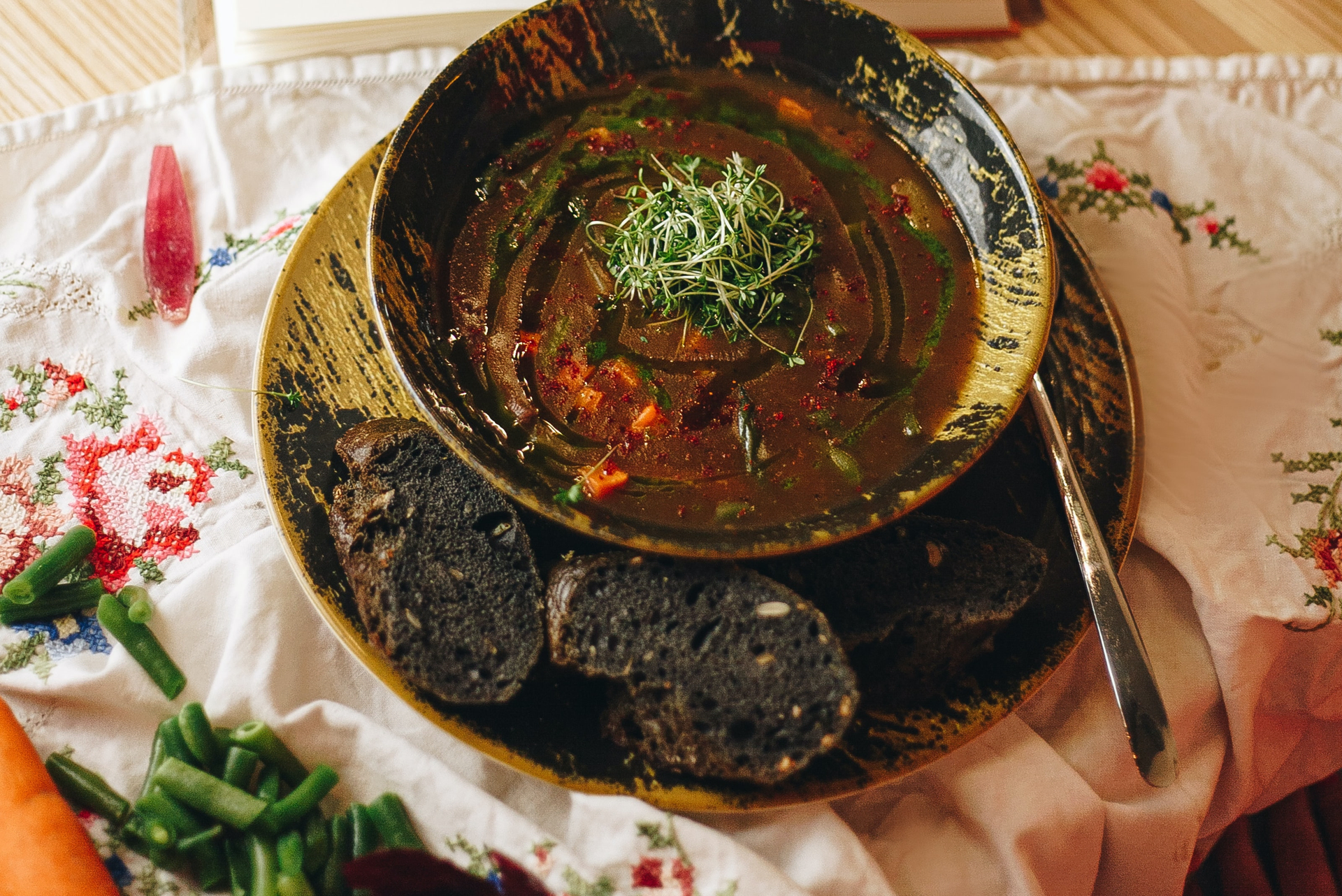 Overhead flat-lay of all ingredients for Armenian Herb-Infused Kyufta with Sumac and Garlic laid out on a kitchen surface.