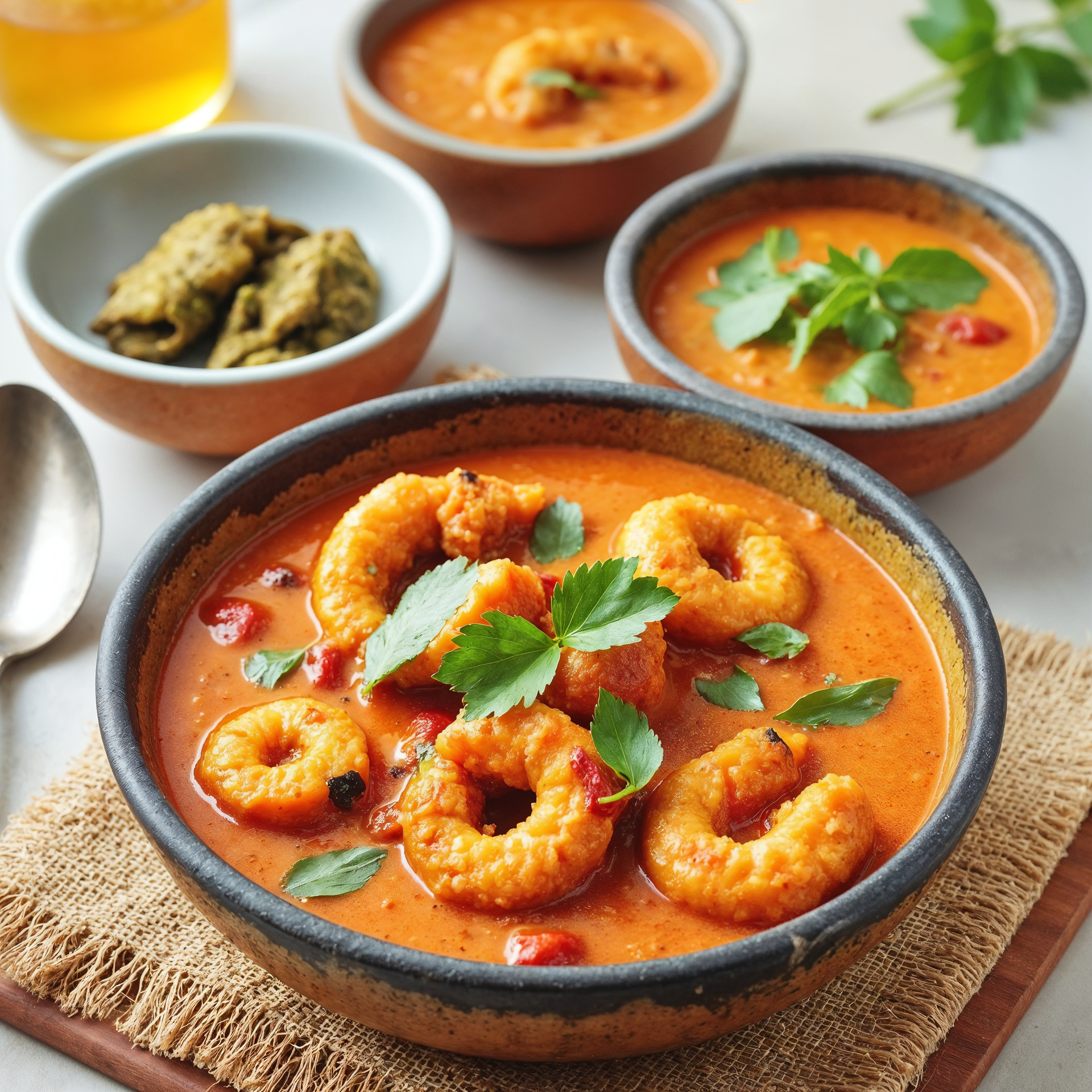 Overhead flat-lay of all ingredients for Aromatic Bangladeshi Prawn Malai Curry laid out on a kitchen surface.