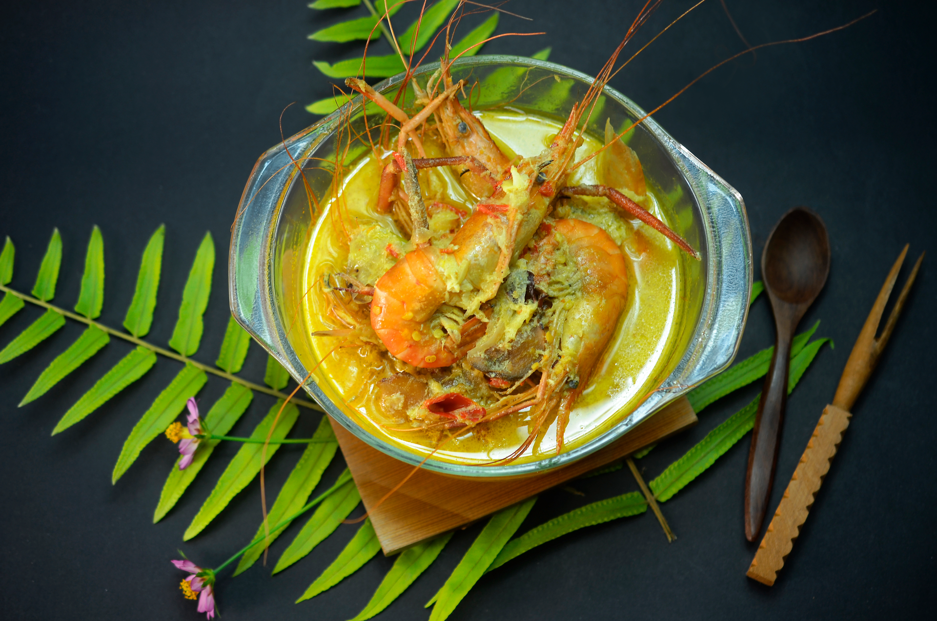 Aromatic Cambodian Lime Leaf Curry with Coconut Prawns — Main Course served and photographed from above
