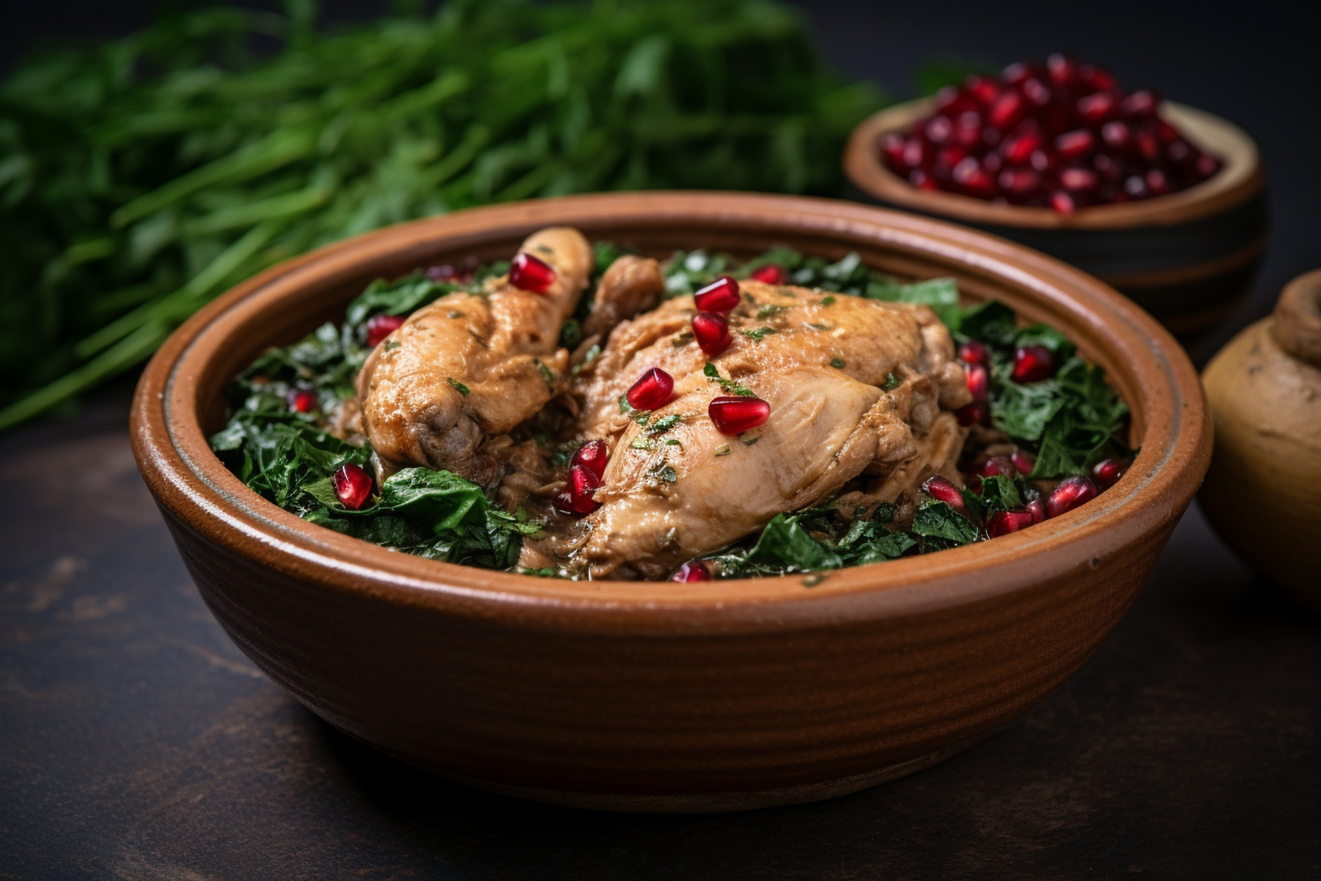 Overhead flat-lay of all ingredients for Aromatic Egyptian Molokhia with Rabbit and Garlic laid out on a kitchen surface.