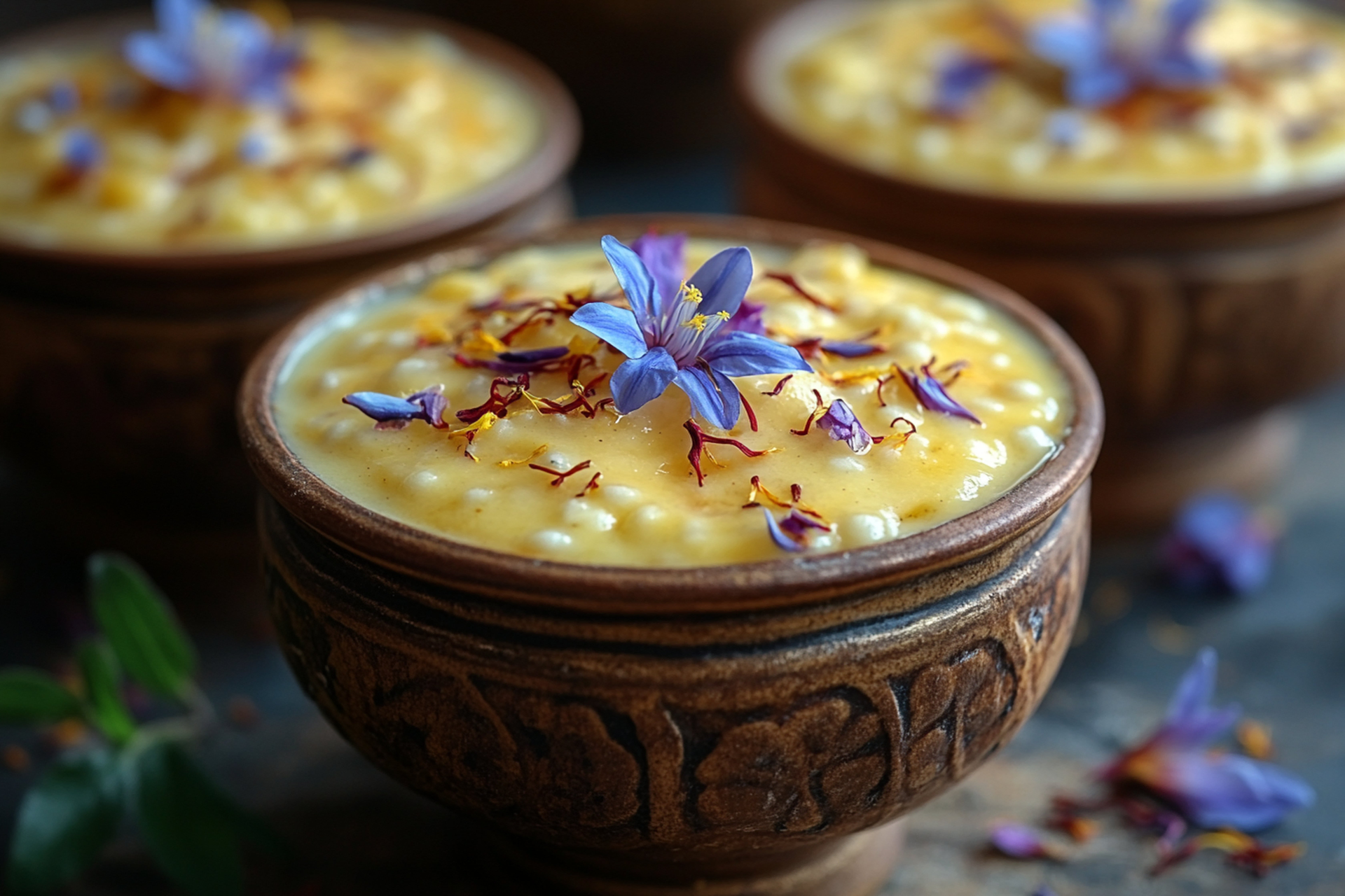 Overhead flat-lay of all ingredients for Aromatic Indian Cardamom Phirni with Saffron Threads laid out on a kitchen surface.