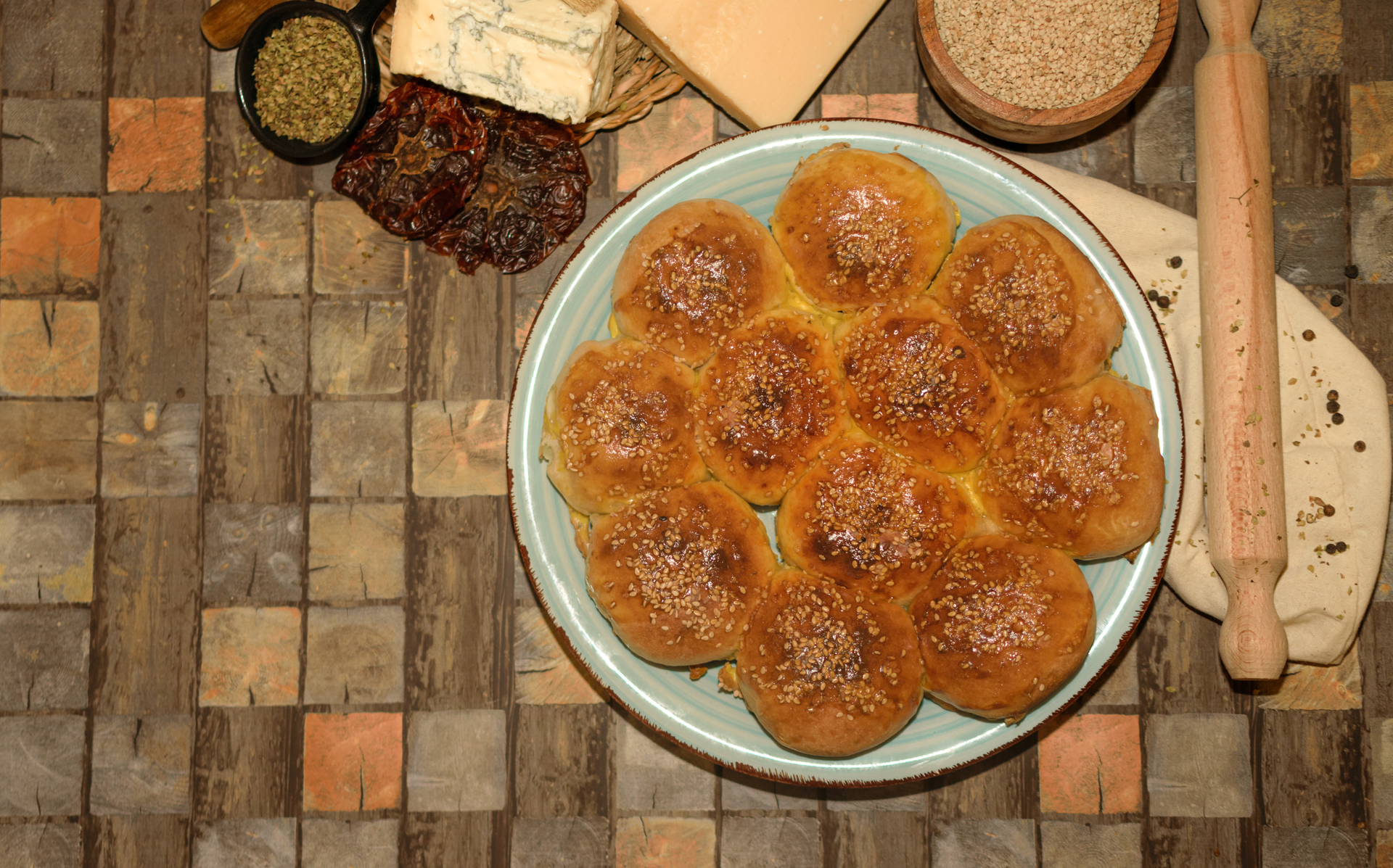 Overhead flat-lay of all ingredients for Aromatic Lebanese Kaak laid out on a kitchen surface.