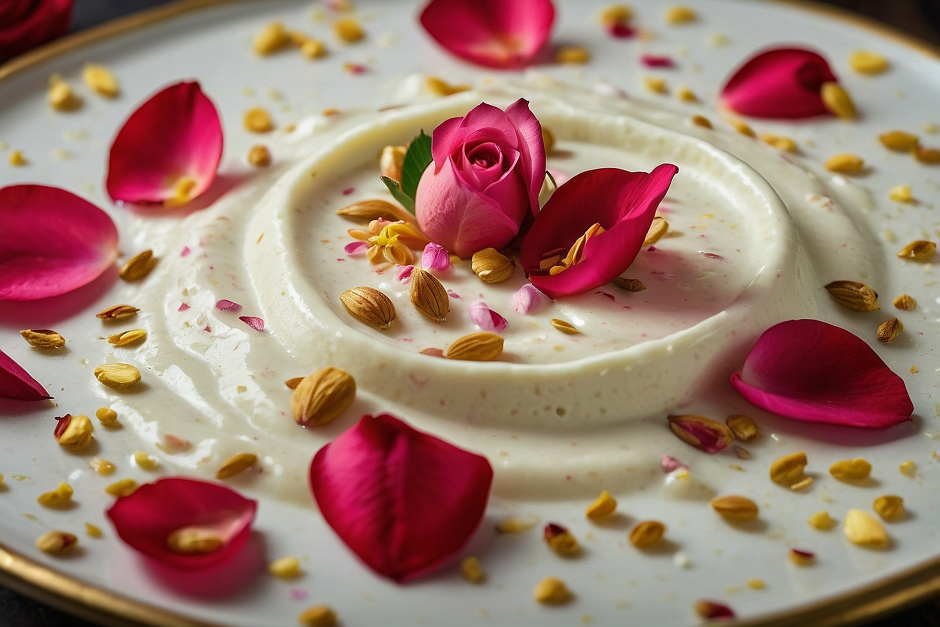 Overhead flat-lay of all ingredients for Aromatic Lebanese Rose Petal Lamb with Mint Yogurt Drizzle laid out on a kitchen surface.