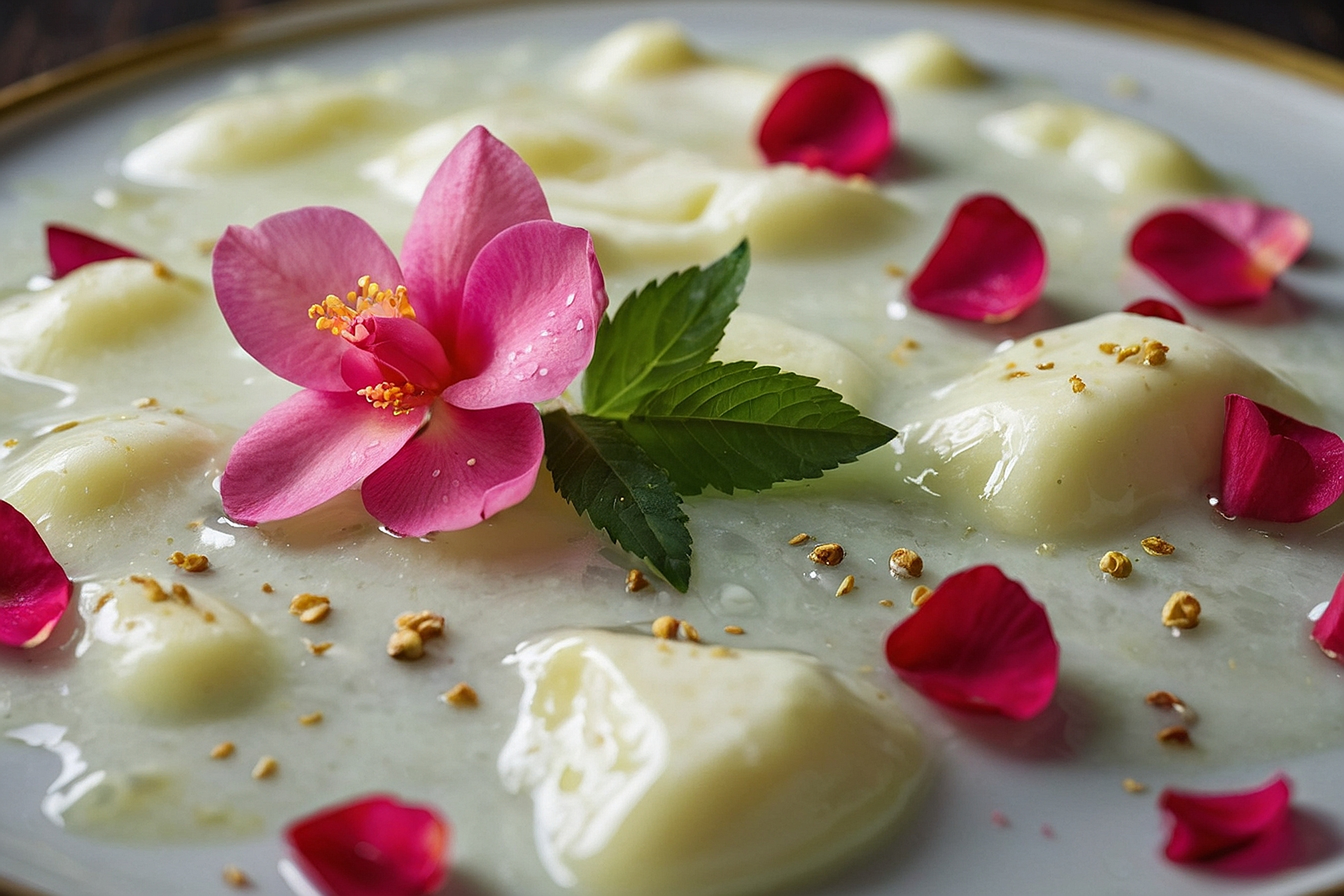 Aromatic Lebanese Rose Petal Lamb with Mint Yogurt Drizzle — Main Course served and photographed from above
