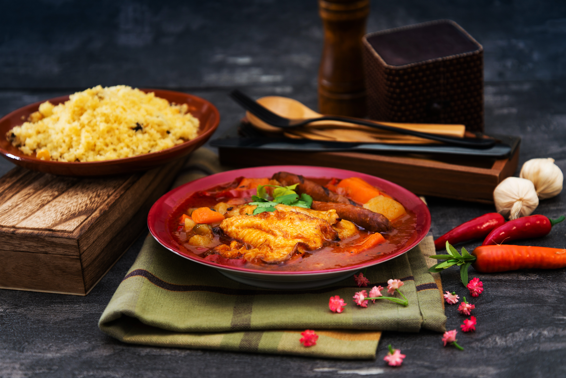 Aromatic Mauritian Chicken Kalia with Saffron Rice — Main Course served and photographed from above