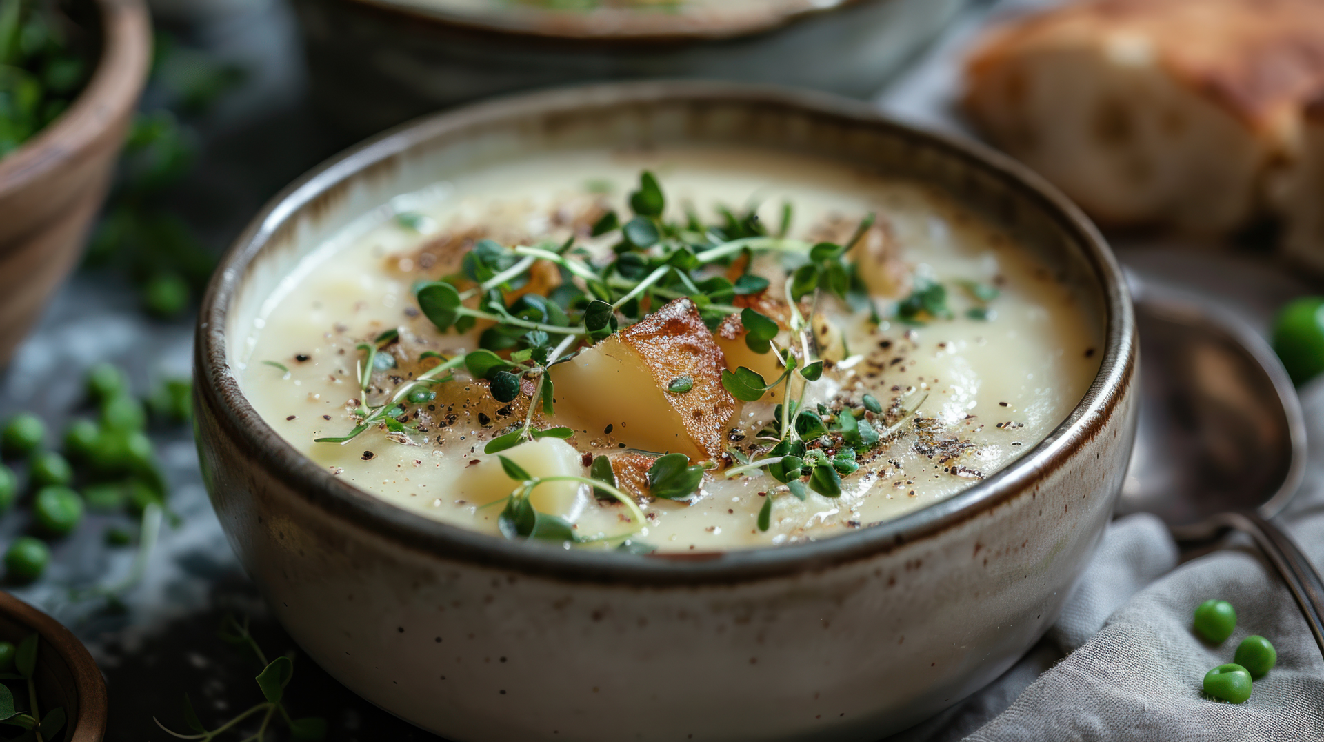 Overhead flat-lay of all ingredients for Aromatic Swedish Dill and Haddock Chowder with Warm Potatoes laid out on a kitchen surface.
