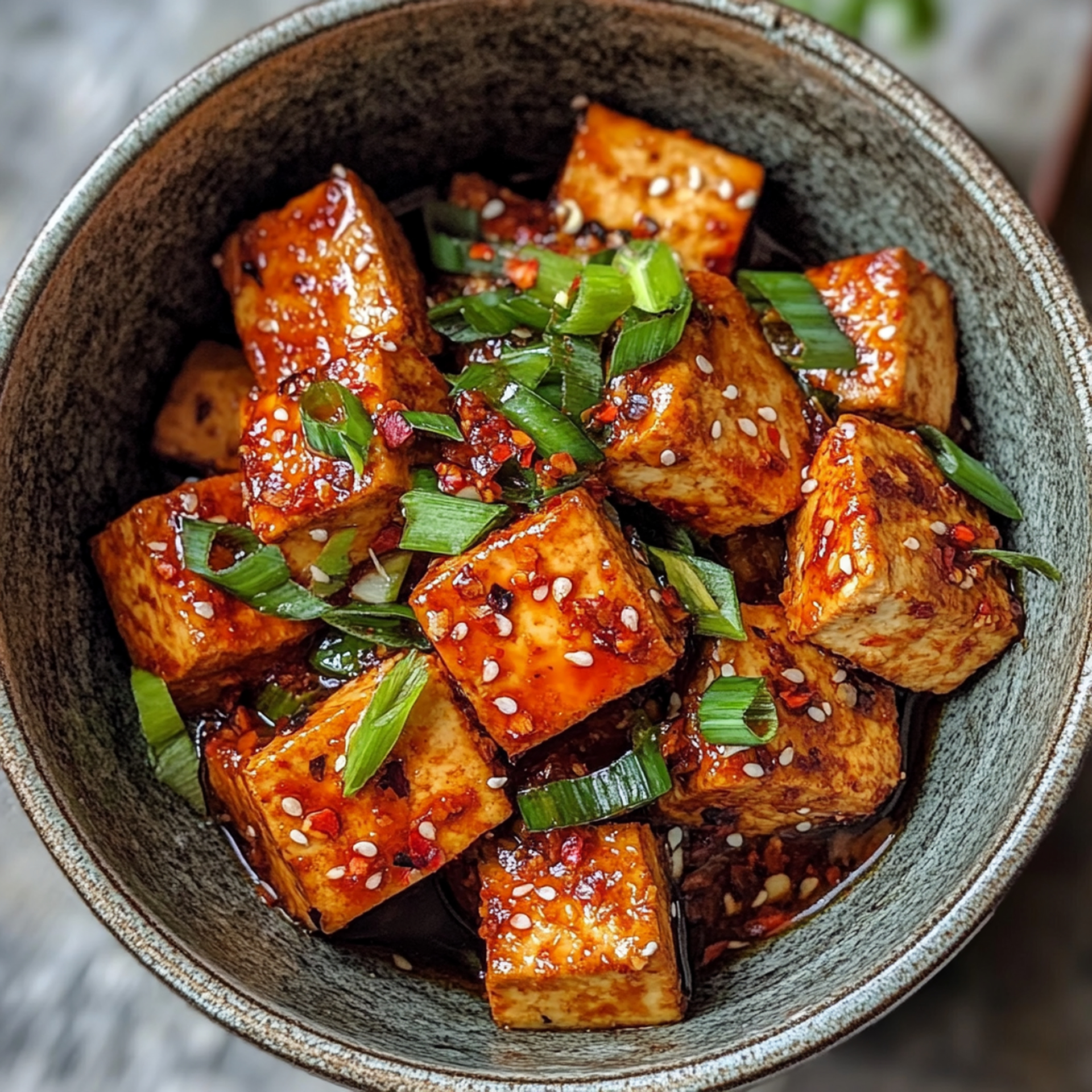 Overhead flat-lay of all ingredients for Aromatic Szechuan Mapo Tofu with Numbing Peppercorns laid out on a kitchen surface.