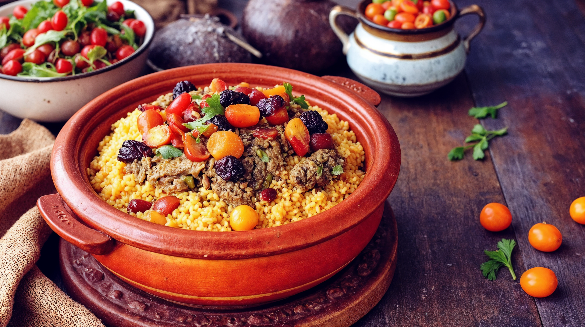 Overhead flat-lay of all ingredients for Aromatic Tunisian Lamb Couscous with Apricot-Chili Glaze laid out on a kitchen surface.