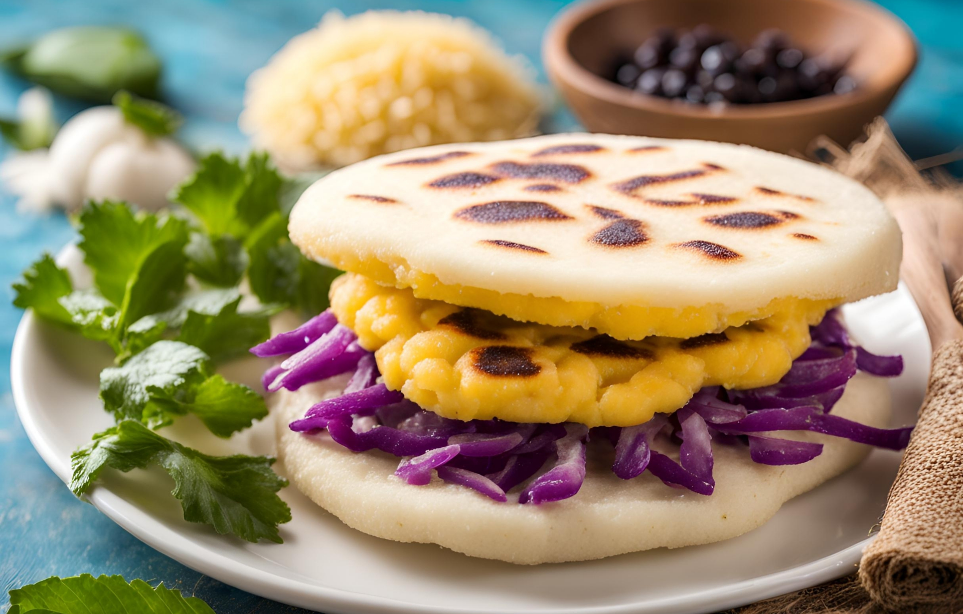 Overhead flat-lay of all ingredients for Aromatic Venezuelan Reina Pepiada Arepa laid out on a kitchen surface.