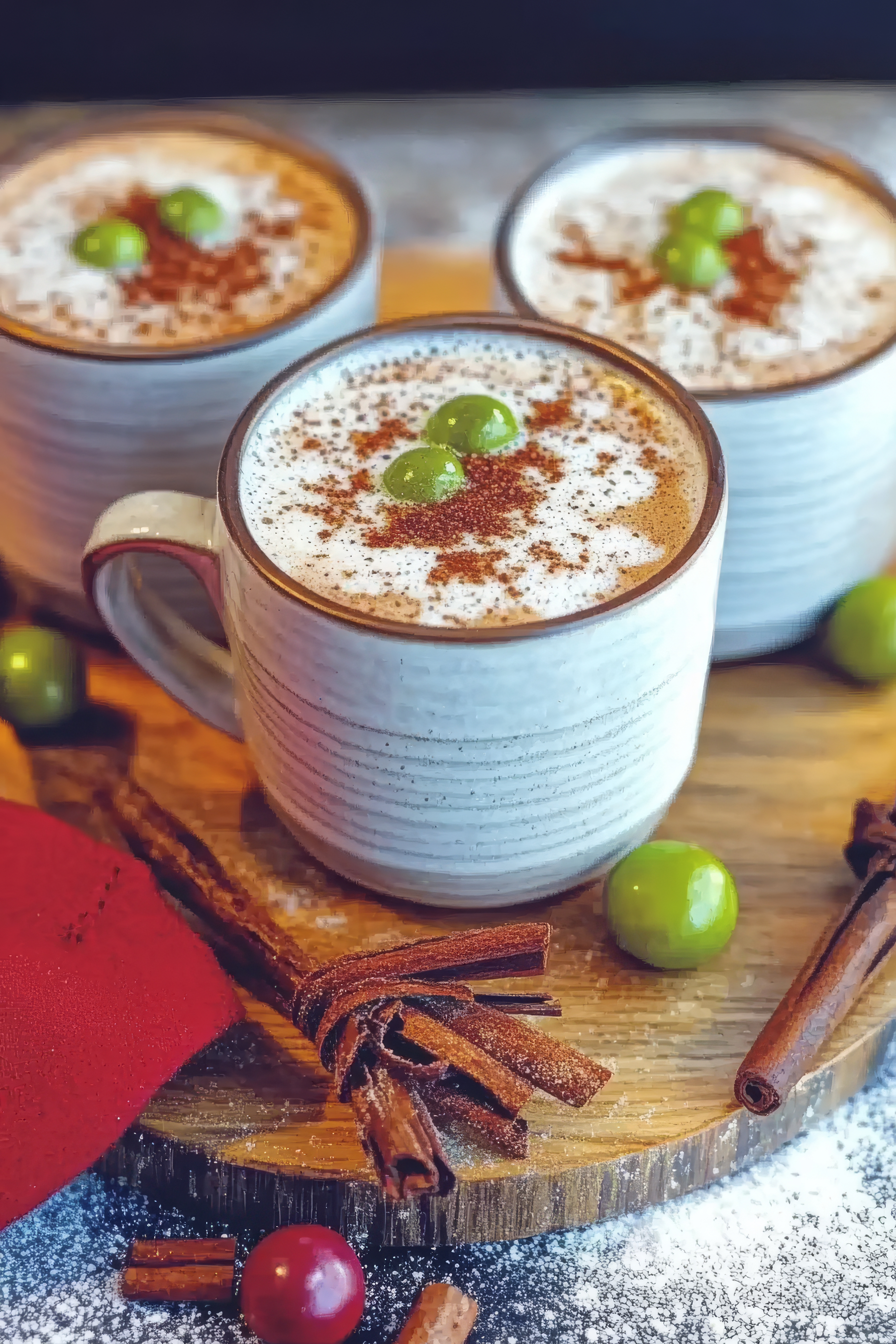 Overhead flat-lay of all ingredients for Atole de Frijoles with Mexican Vanilla and Cinnamon laid out on a kitchen surface.