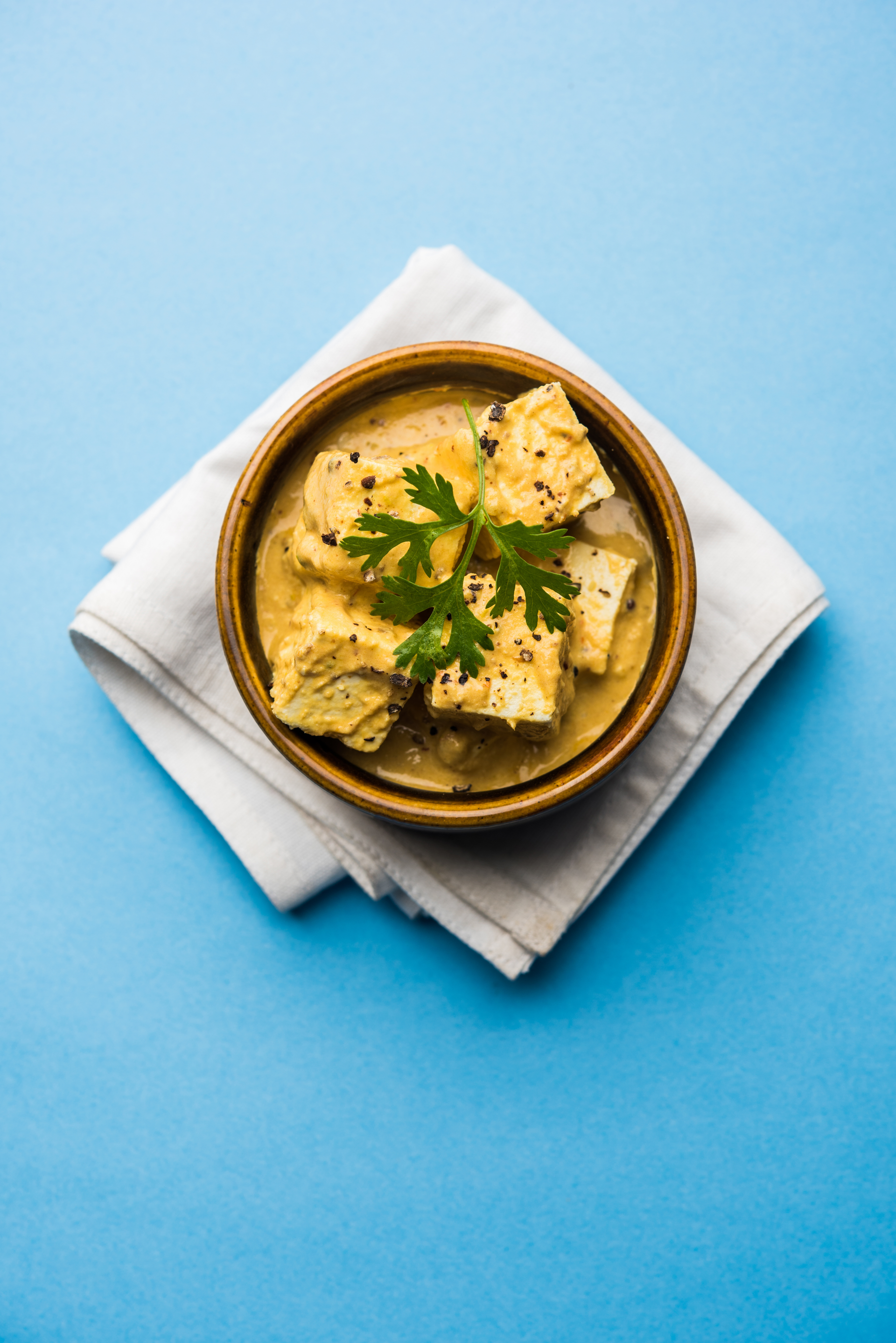 Overhead flat-lay of all ingredients for Bangladeshi Paneer Bhuna with Fresh Coriander Leaves laid out on a kitchen surface.