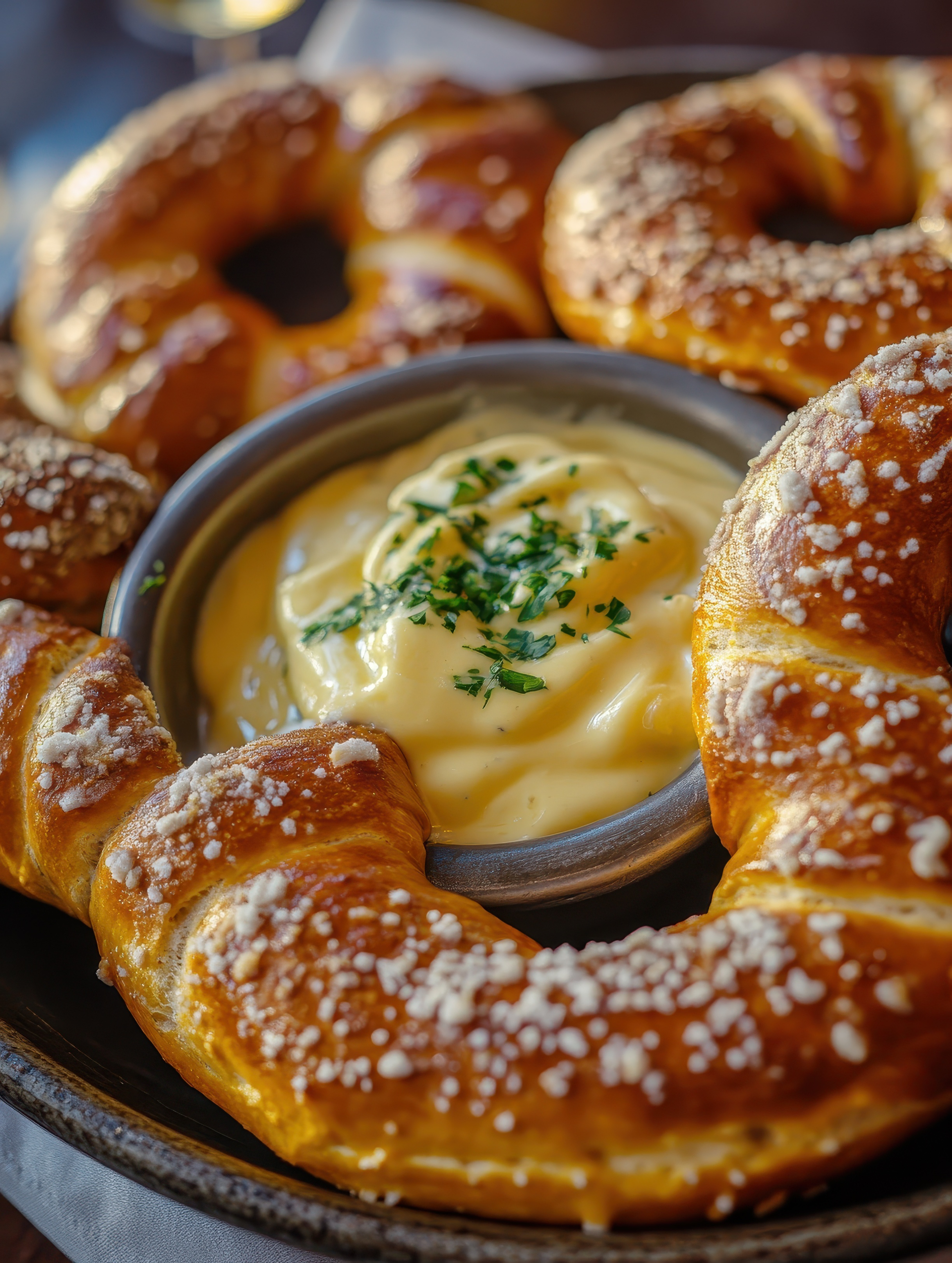 Overhead flat-lay of all ingredients for Bavarian Pretzel Dumplings with Mustard Sauce laid out on a kitchen surface.