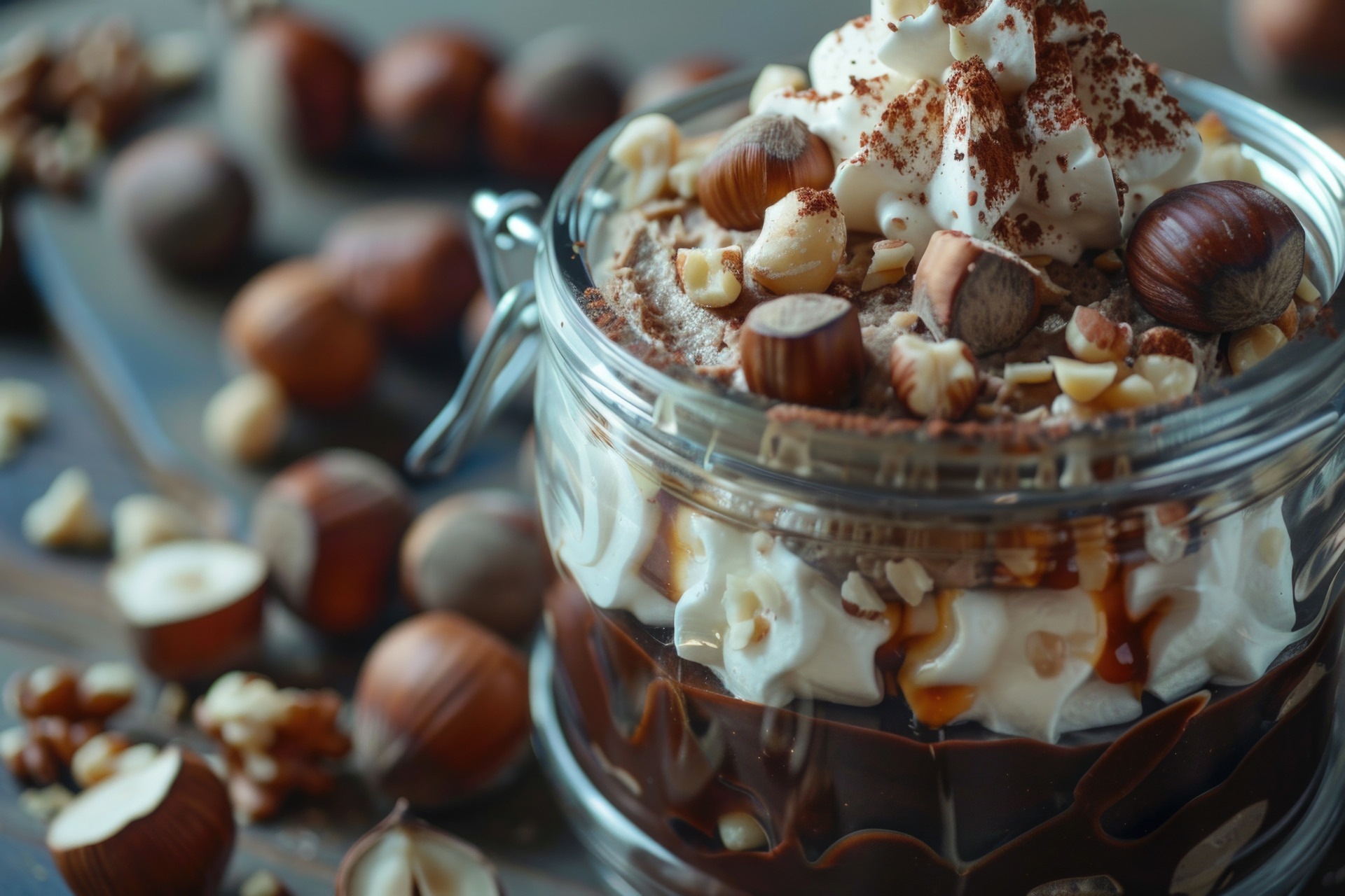 Overhead flat-lay of all ingredients for Belgian Chocolate Custard with Praline Hazelnuts laid out on a kitchen surface.