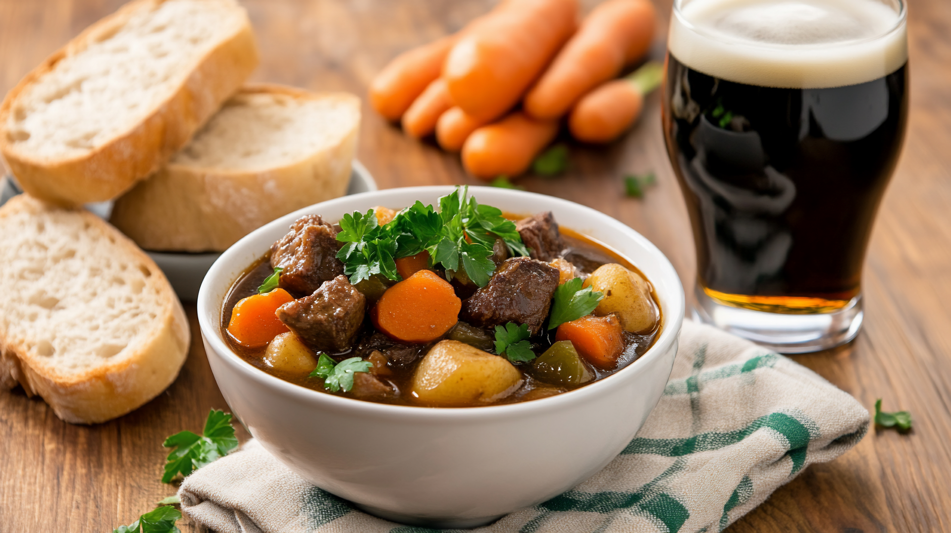 Overhead flat-lay of all ingredients for Belgian Stoofvlees with Beer and Brown Bread laid out on a kitchen surface.