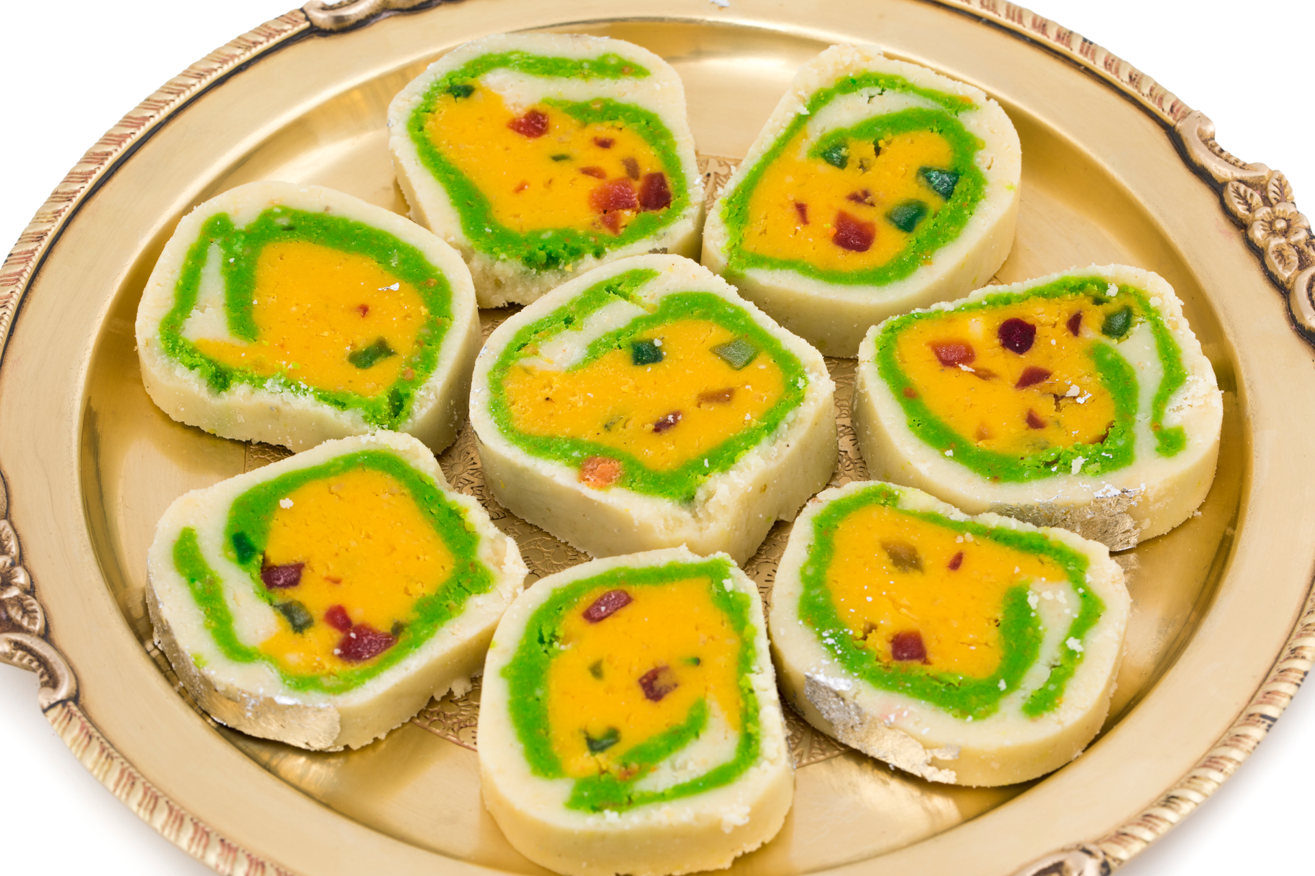 Bengal Sweet Sandesh with Saffron and Pistachios — Dessert served and photographed from above
