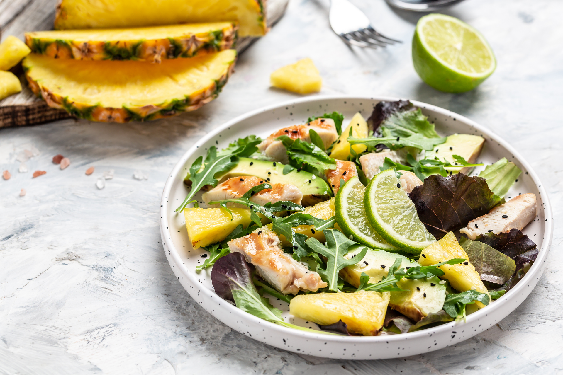 Brazilian Avocado and Grilled Pineapple Salad with Cilantro Lime Dressing — Salad served and photographed from above