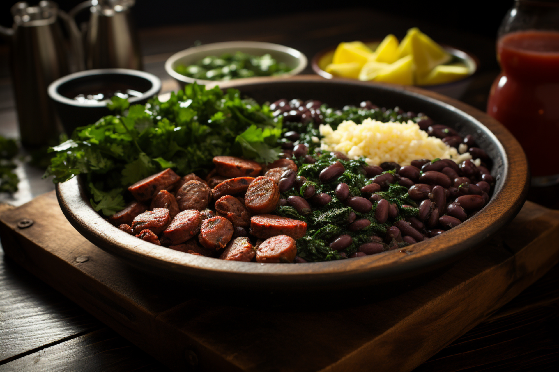 Overhead flat-lay of all ingredients for Brazilian Feijoada Light with Fresh Kale and Grilled Sausage laid out on a kitchen surface.