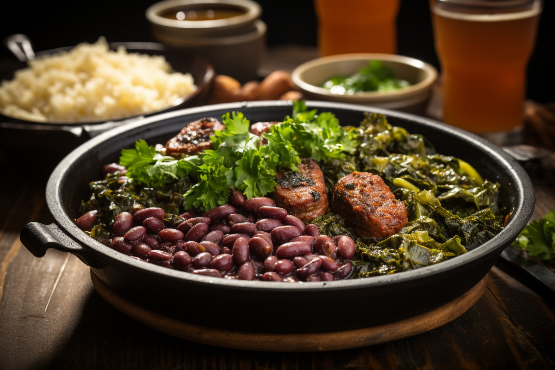 Brazilian Feijoada Light with Fresh Kale and Grilled Sausage — Main Course served and photographed from above