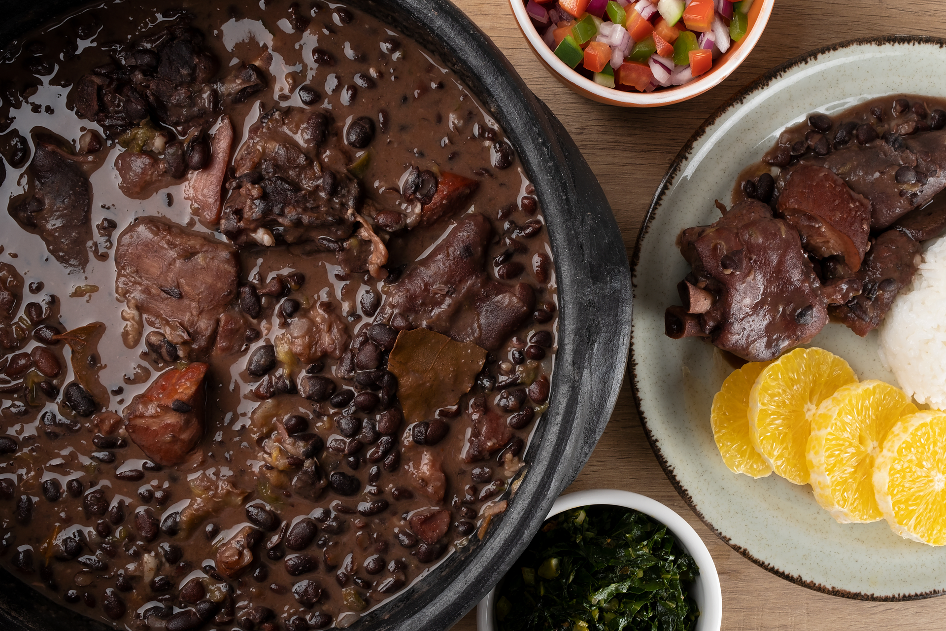 Brazilian Feijoada with Pork Hocks and Black Beans — Main Course served and photographed from above