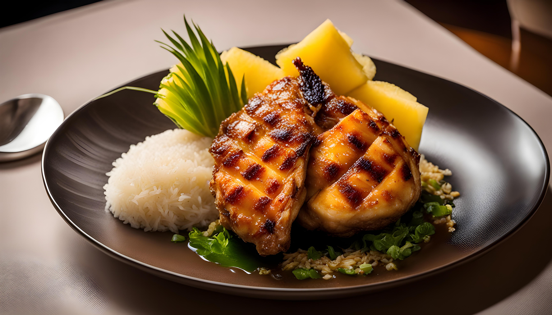 Overhead flat-lay of all ingredients for Brazilian Lime-Coconut Chicken with Grilled Pineapple laid out on a kitchen surface.
