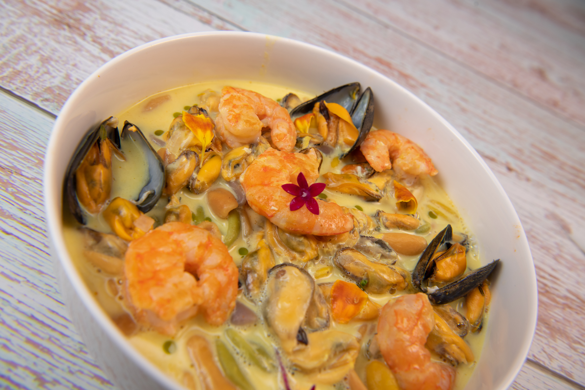 Overhead flat-lay of all ingredients for Brazilian Moqueca de Camarão laid out on a kitchen surface.
