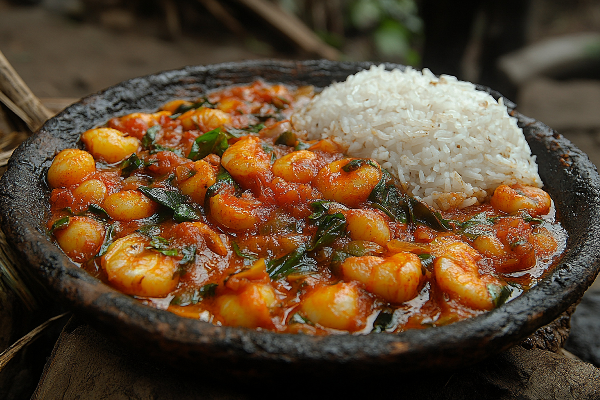 Overhead flat-lay of all ingredients for Brazilian Moqueca Fish Pot with Cashew Nut Rice laid out on a kitchen surface.