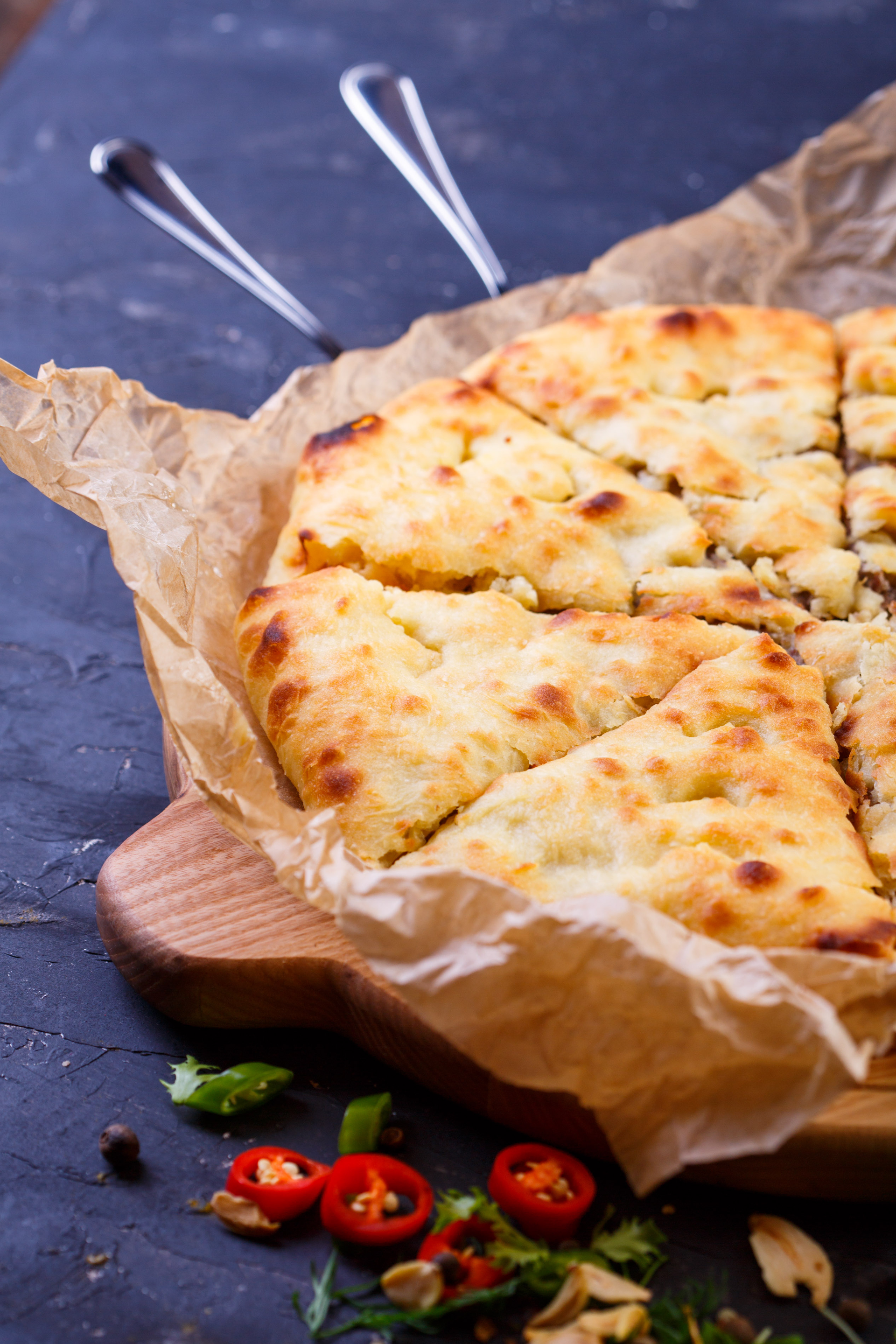 Bulgarian Banitsa with Leeks and Cheese — Breakfast served and photographed from above