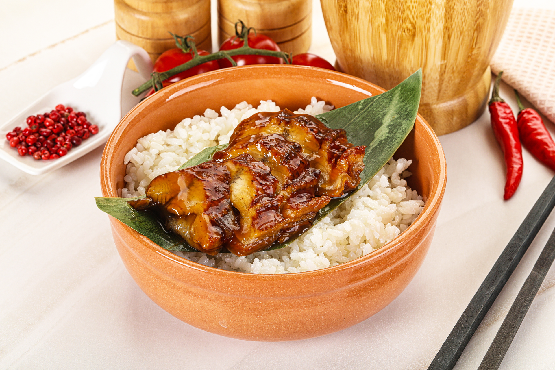 Burmese Grilled Lemongrass Chicken with Coconut Rice — Main Course served and photographed from above