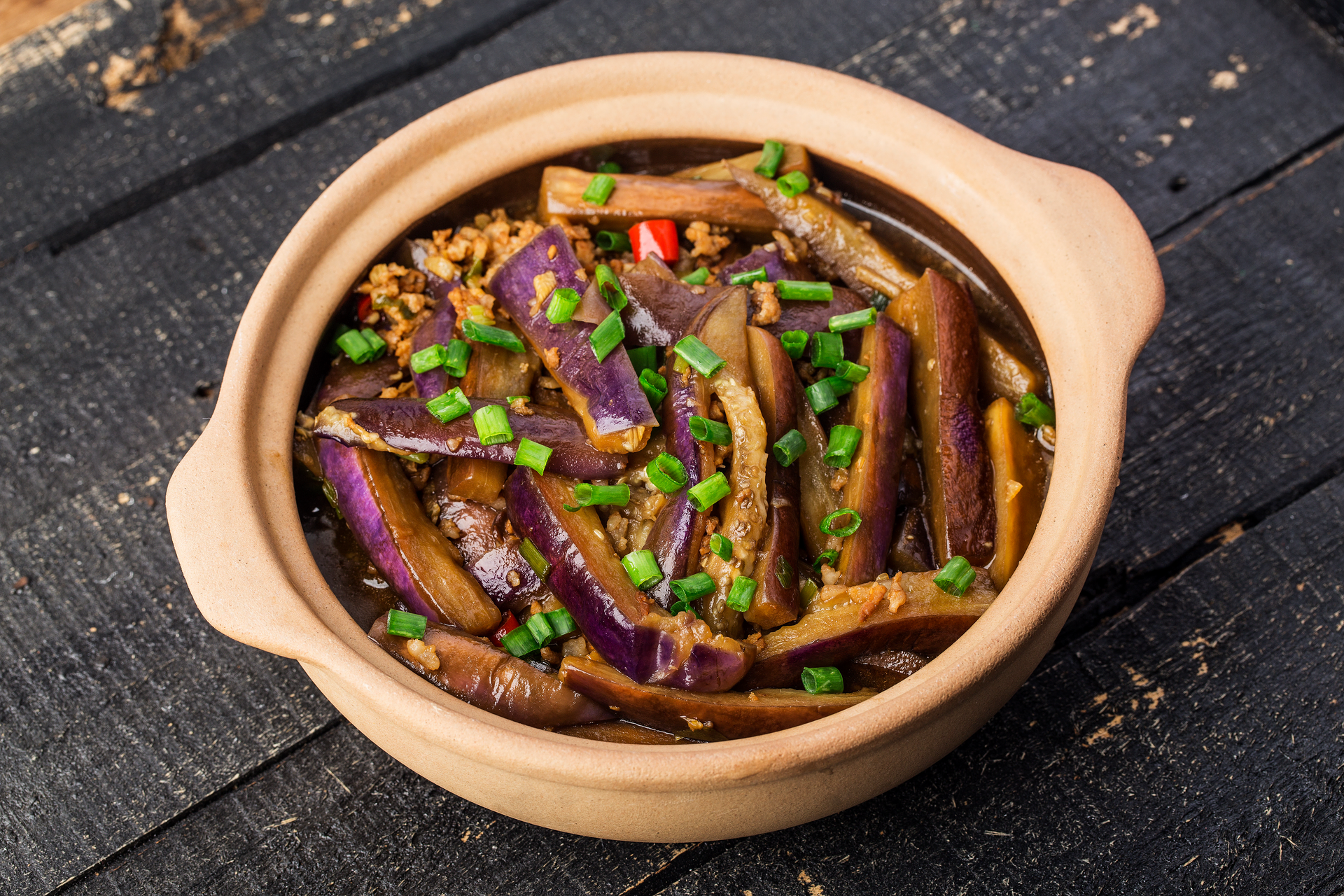 Burmese Tamarind-Glazed Eggplant with Green Onion Garnish