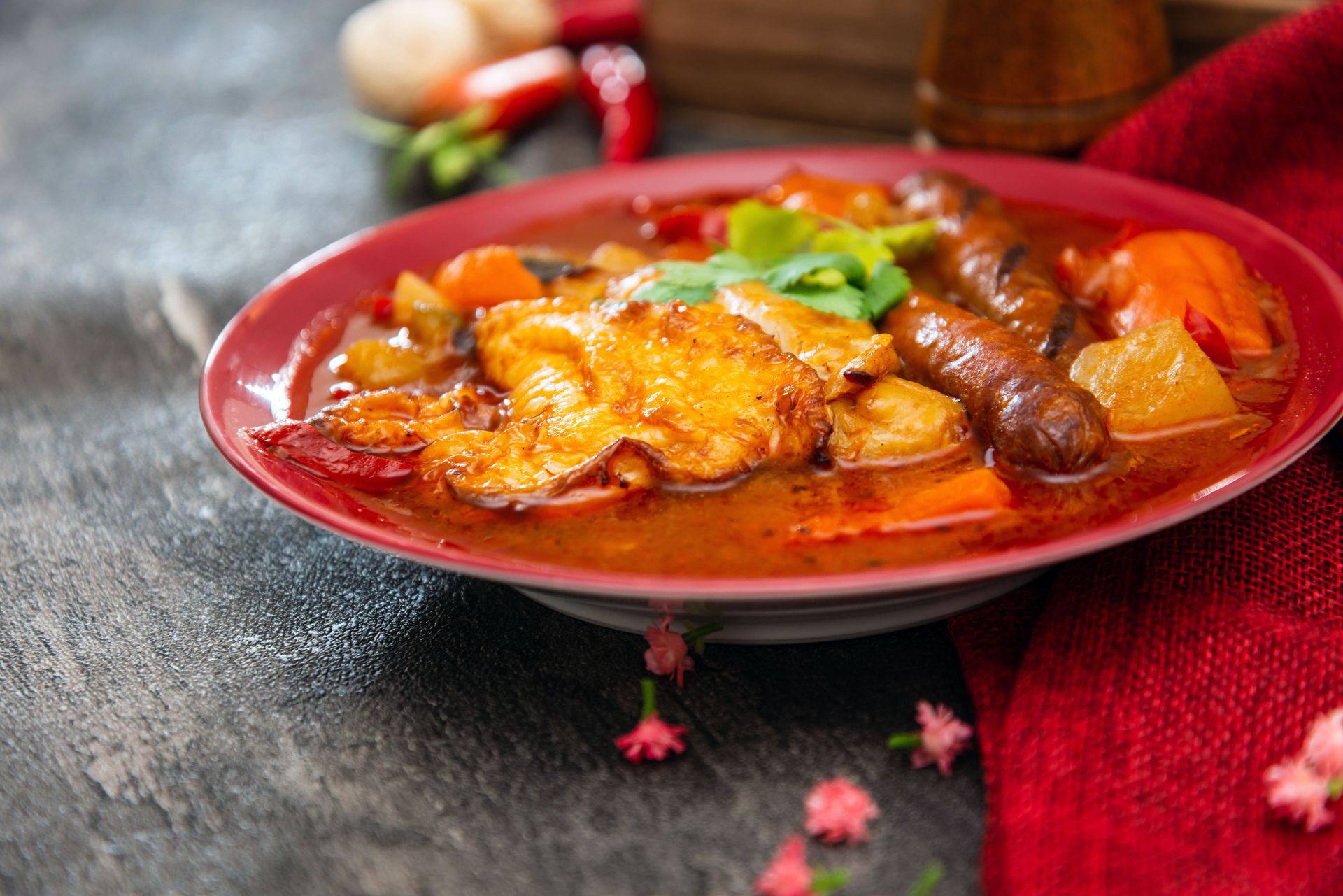Burmese Tomato Fish Curry with Tamarind Paste — Main Course served and photographed from above
