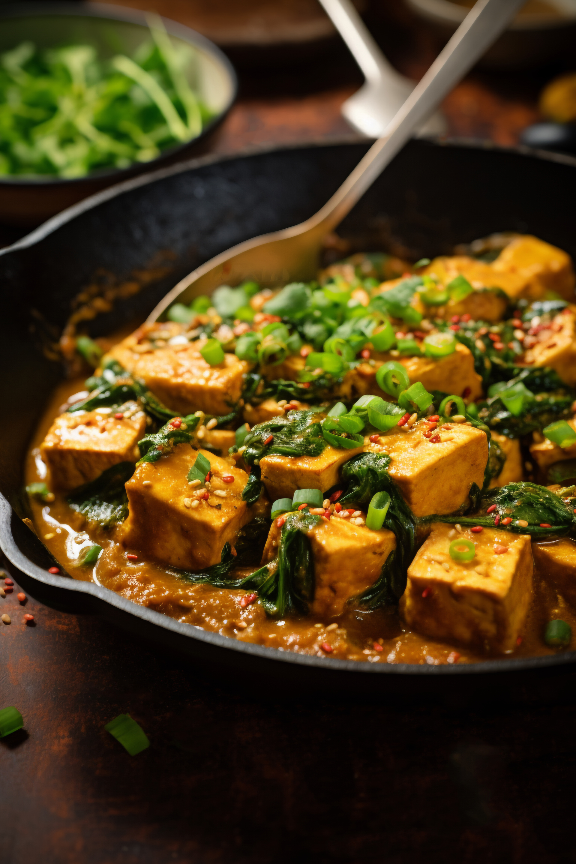 Burmese Tomato Tofu Curry with Lemongrass — Main Course served and photographed from above