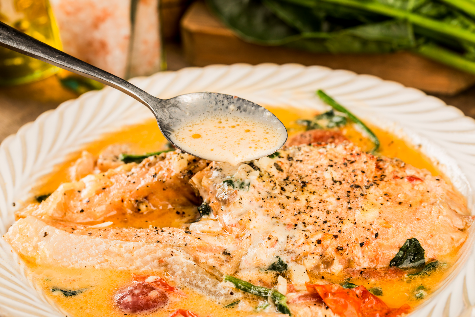 Caribbean Callaloo with Salted Cod and Coconut Milk — Main Course served and photographed from above