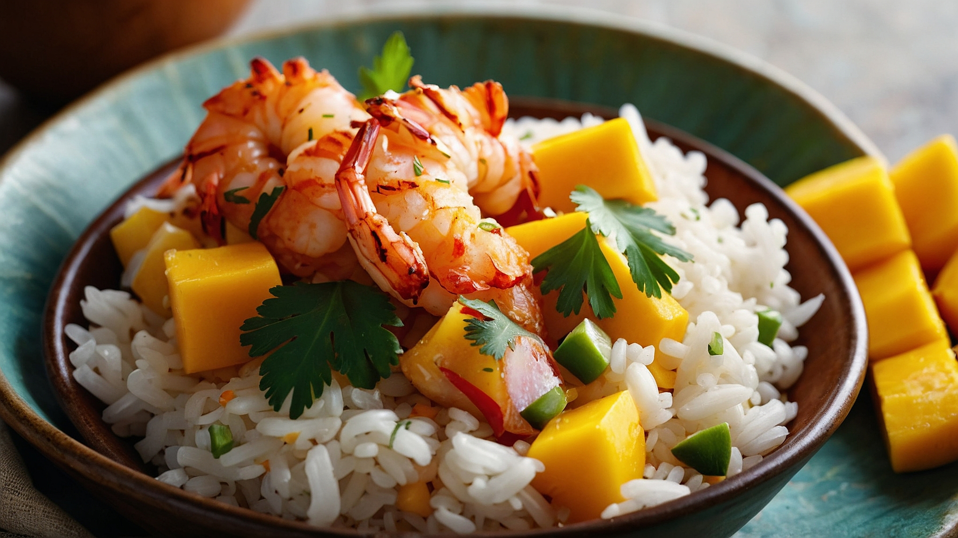 Overhead flat-lay of all ingredients for Caribbean Coconut Rice with Mango Salsa and Grilled Shrimp laid out on a kitchen surface.