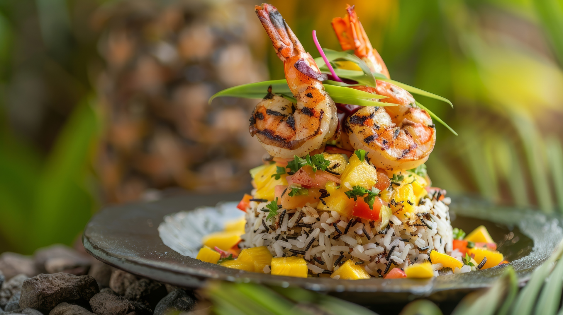 Caribbean Coconut Rice with Mango Salsa and Grilled Shrimp — Main Course served and photographed from above