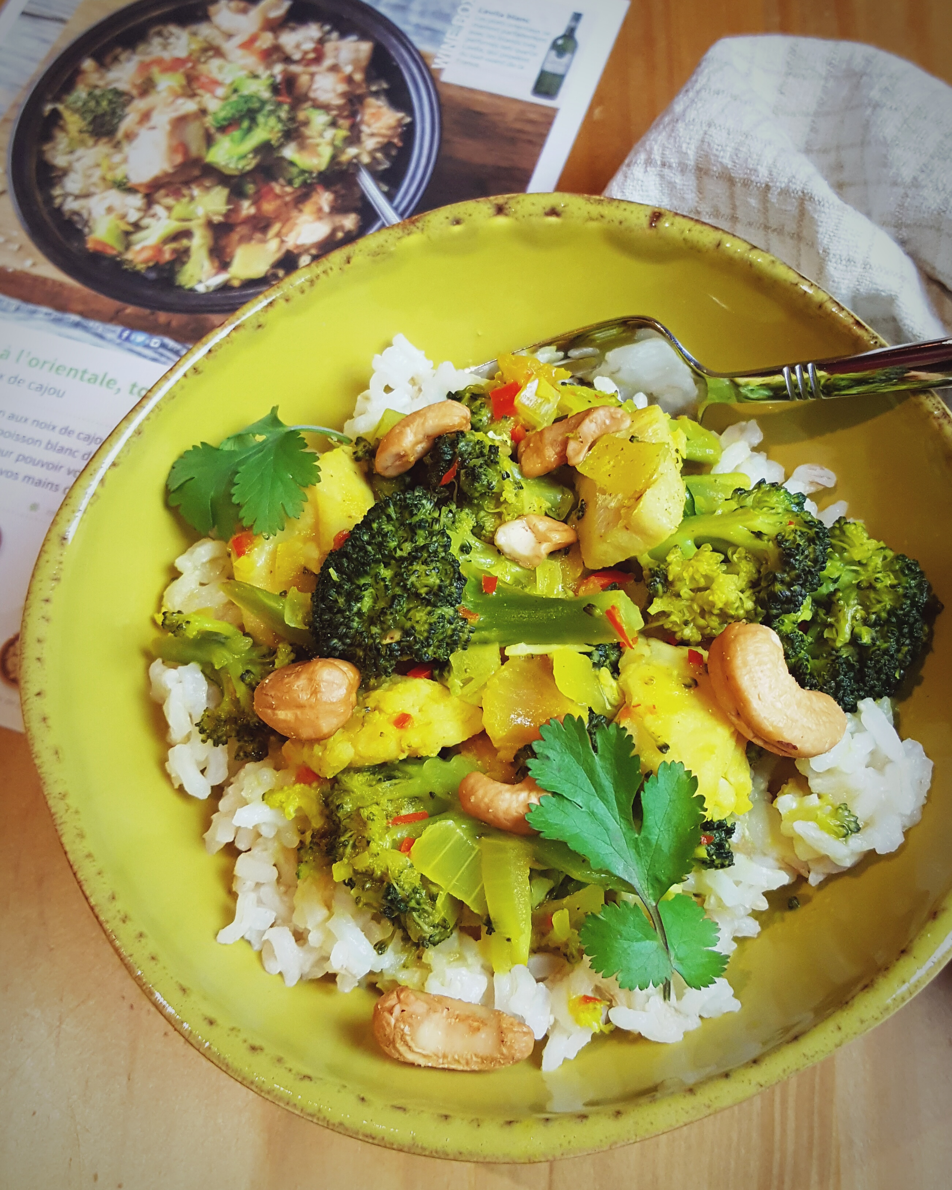 Overhead flat-lay of all ingredients for Caribbean Jerk Cauliflower Rice Bowl with Mango Salsa laid out on a kitchen surface.