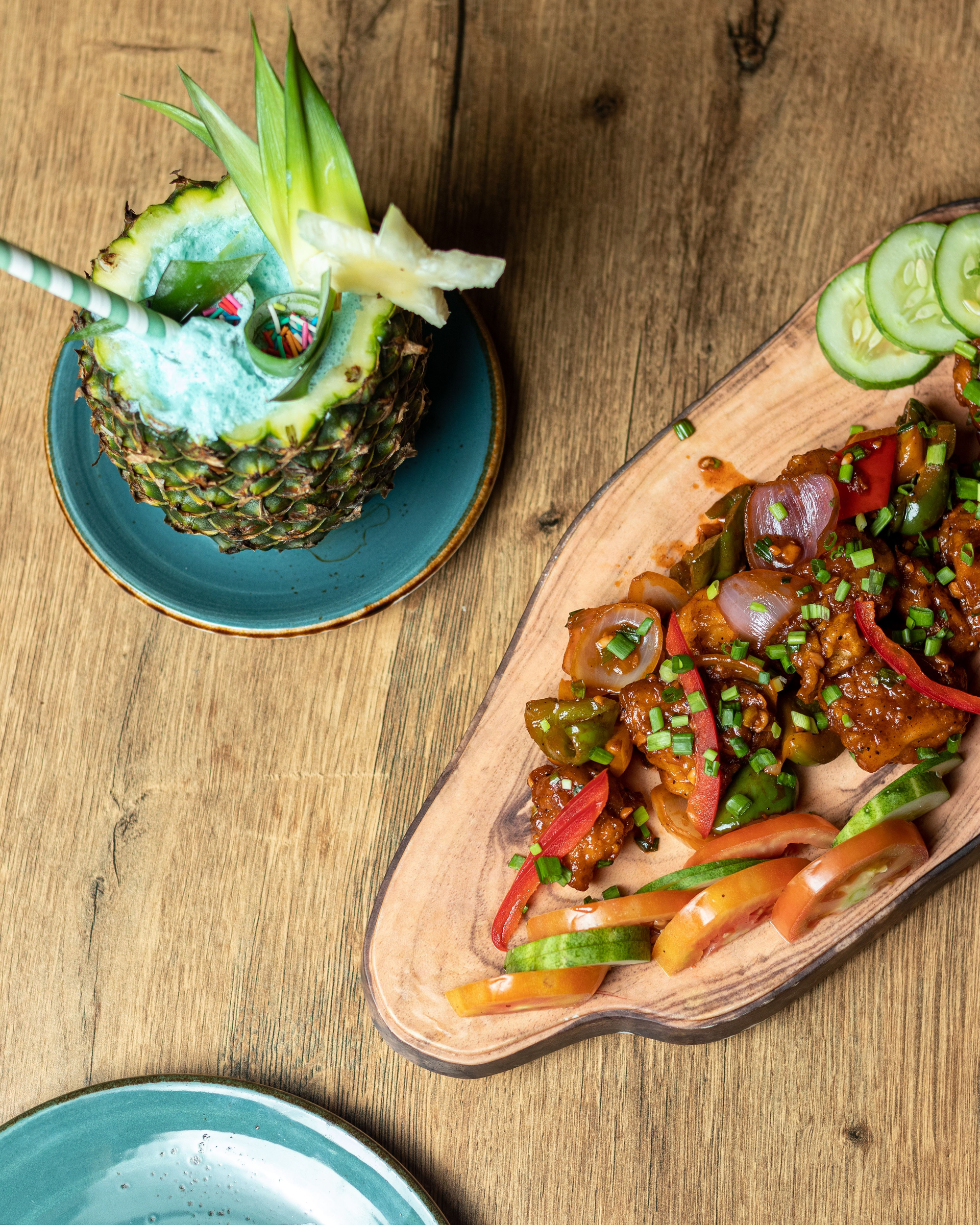 Caribbean Mango Coconut Jerk Chicken Salad with Lime Vinaigrette — Salad served and photographed from above