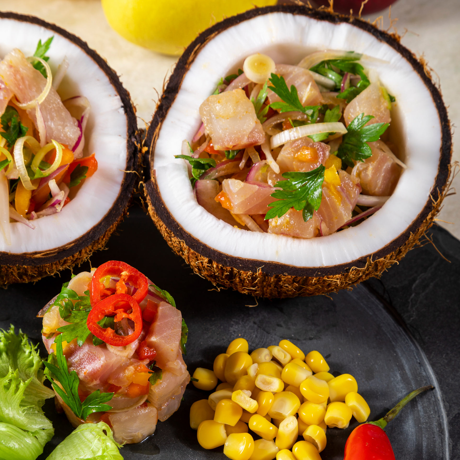 Caribbean Plantain and Coconut Ceviche with Lime — Appetizer served and photographed from above