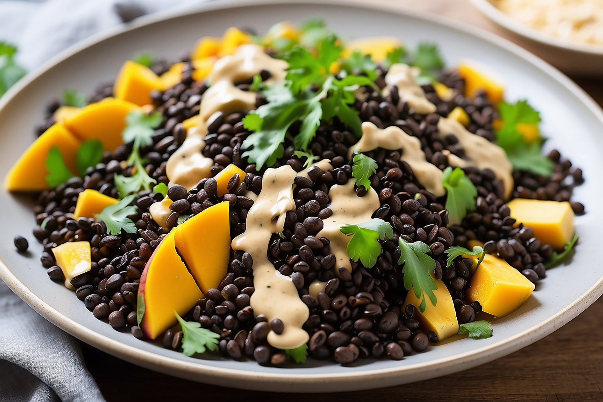 Overhead flat-lay of all ingredients for Caribbean Pumpkin and Black Bean Farro Salad with Lime Vinaigrette laid out on a kitchen surface.