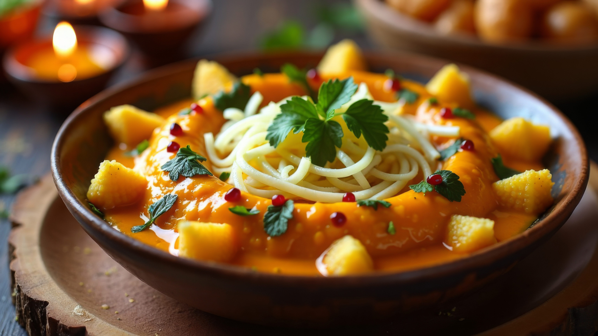 Overhead flat-lay of all ingredients for Caribbean Pumpkin Noodle Curry with Piquant Pepper Sauce laid out on a kitchen surface.