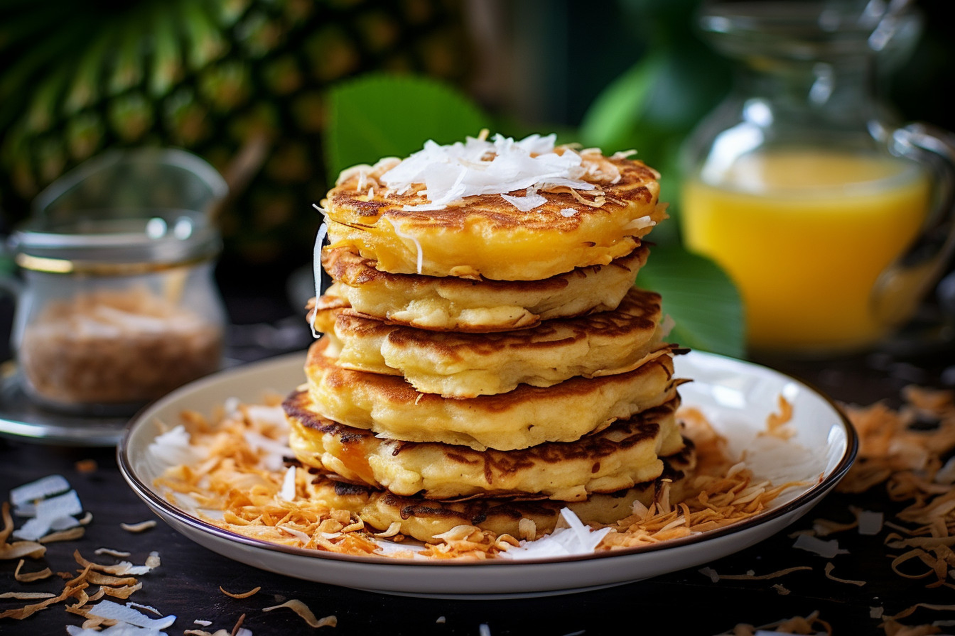 Caribbean Rum-Infused Plantain Pancakes with Coconut Whip — Breakfast served and photographed from above