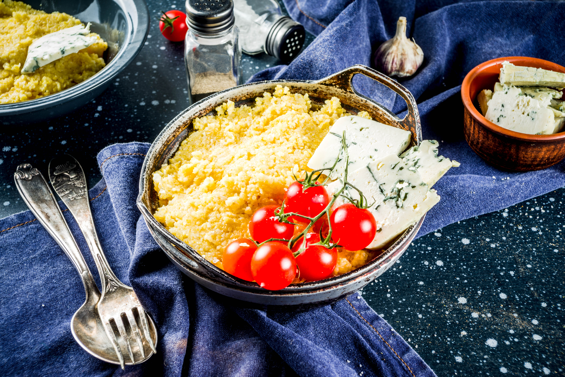 Overhead flat-lay of all ingredients for Cheesy Hungarian Túrós Csusza with Bacon laid out on a kitchen surface.