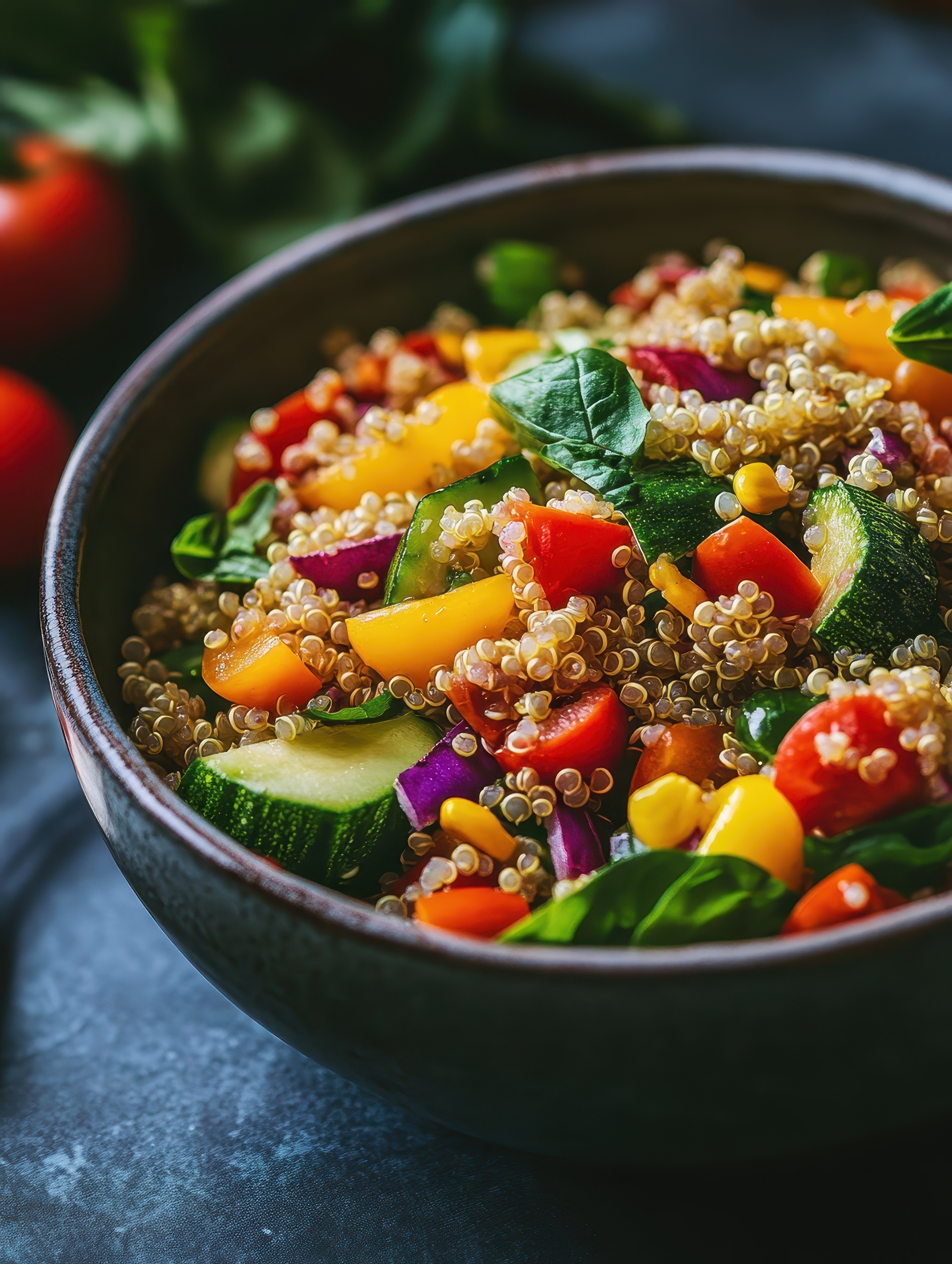 Overhead flat-lay of all ingredients for Chilean Merquén-Infused Quinoa Bowl with Roasted Vegetables laid out on a kitchen surface.