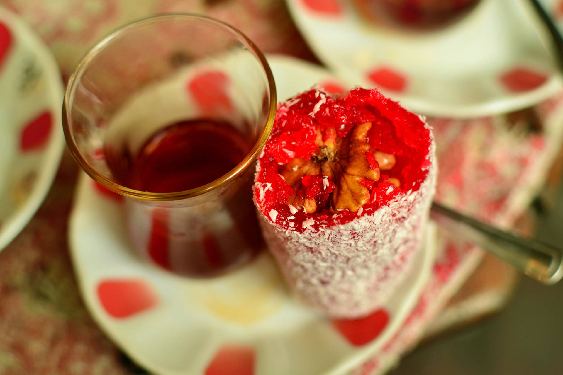 Chinese Osmanthus Jelly Cake with Goji Berry Infusion — Dessert served and photographed from above