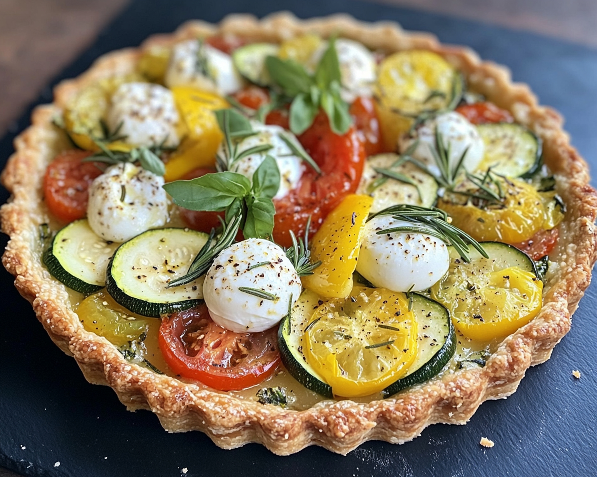 Overhead flat-lay of all ingredients for Citrus-Infused French Ratatouille Tartelette with Chevre laid out on a kitchen surface.