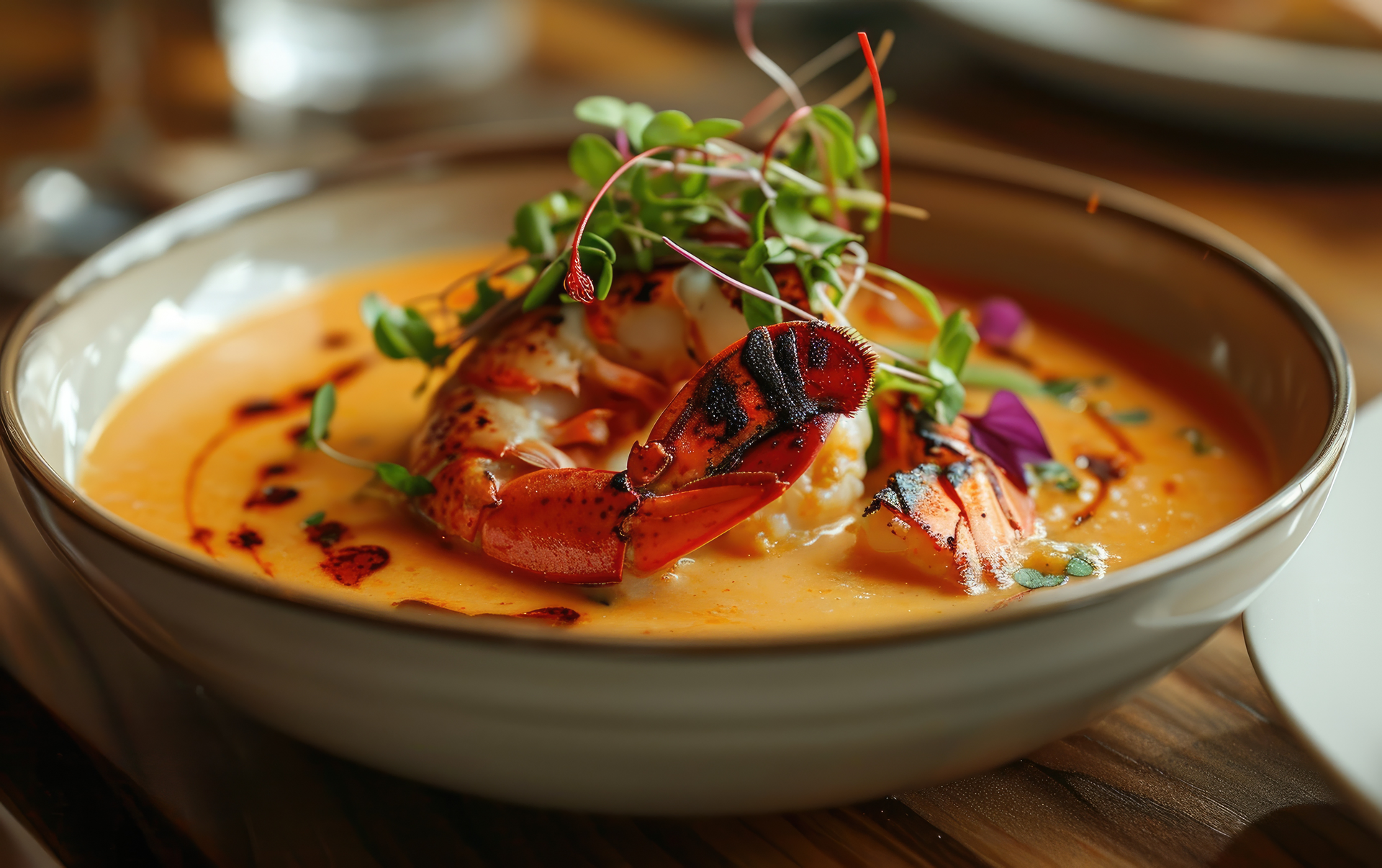 Overhead flat-lay of all ingredients for Citrus-Infused Spanish Gazpacho with Grilled Prawns laid out on a kitchen surface.