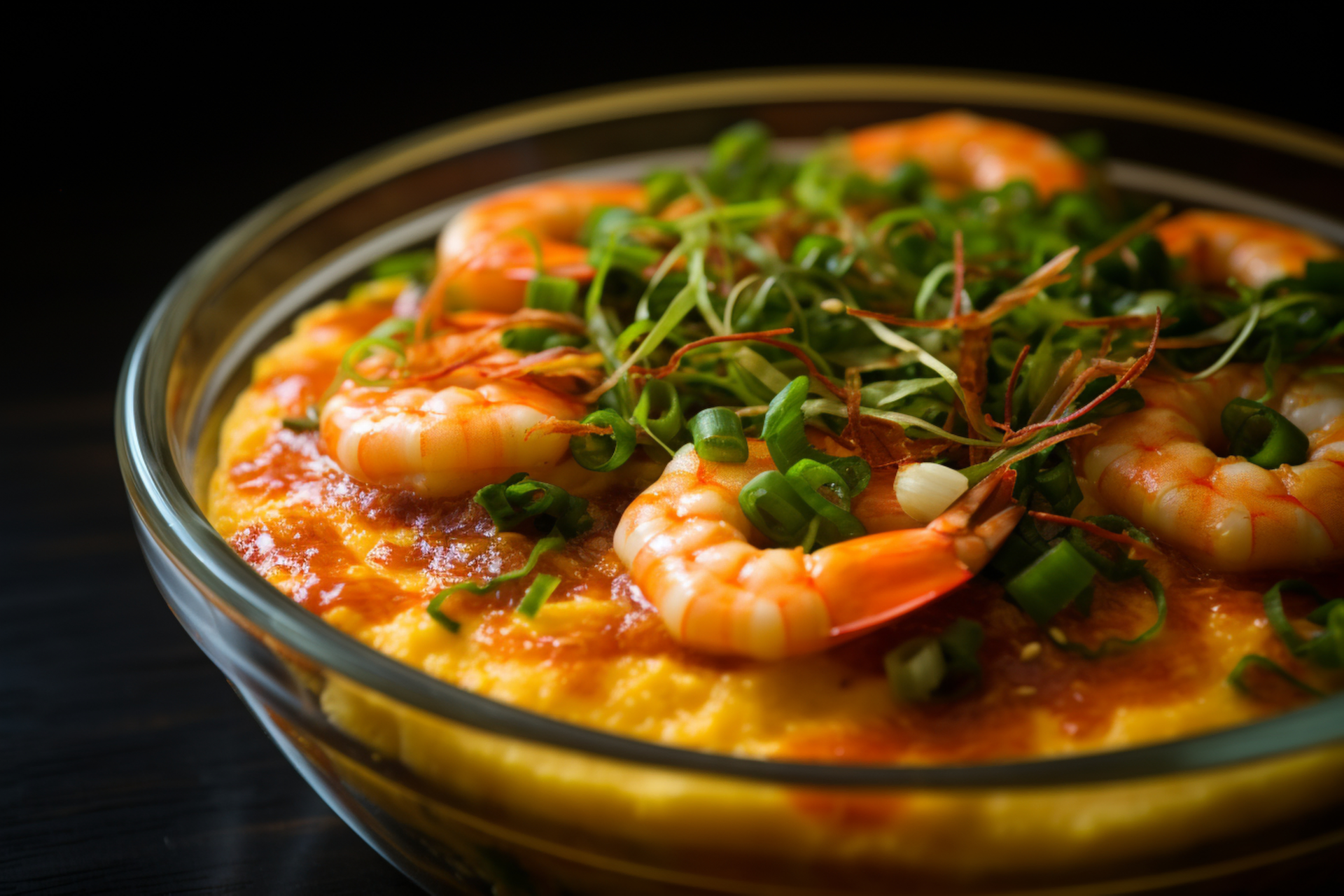 Citrus-Infused Spanish Gazpacho with Grilled Prawns — Soup served and photographed from above