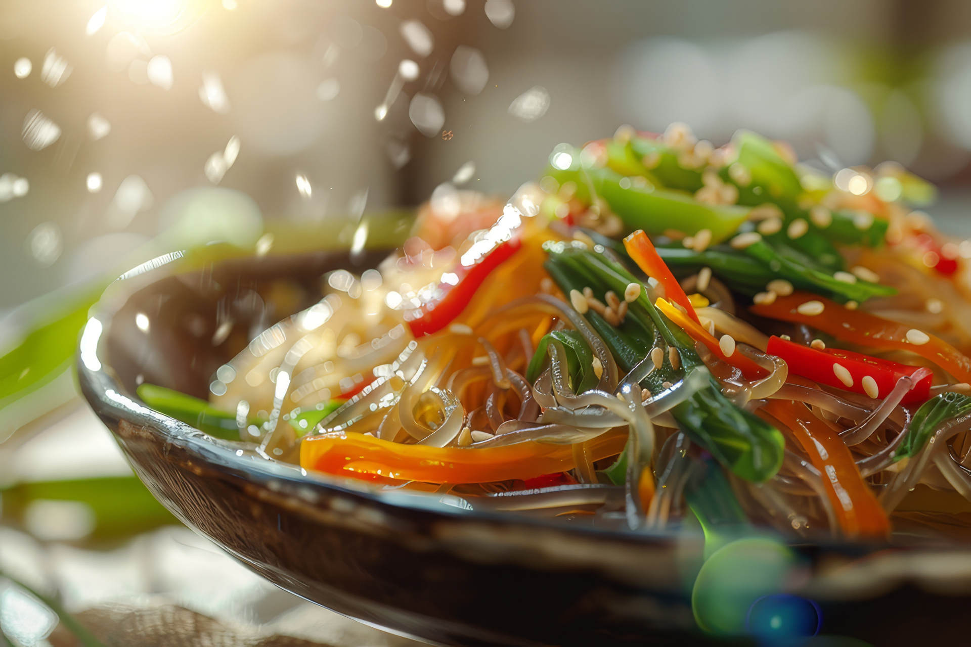 Overhead flat-lay of all ingredients for Citrus-Zest Vietnamese Vermicelli Salad with Peanuts and Fresh Herbs laid out on a kitchen surface.